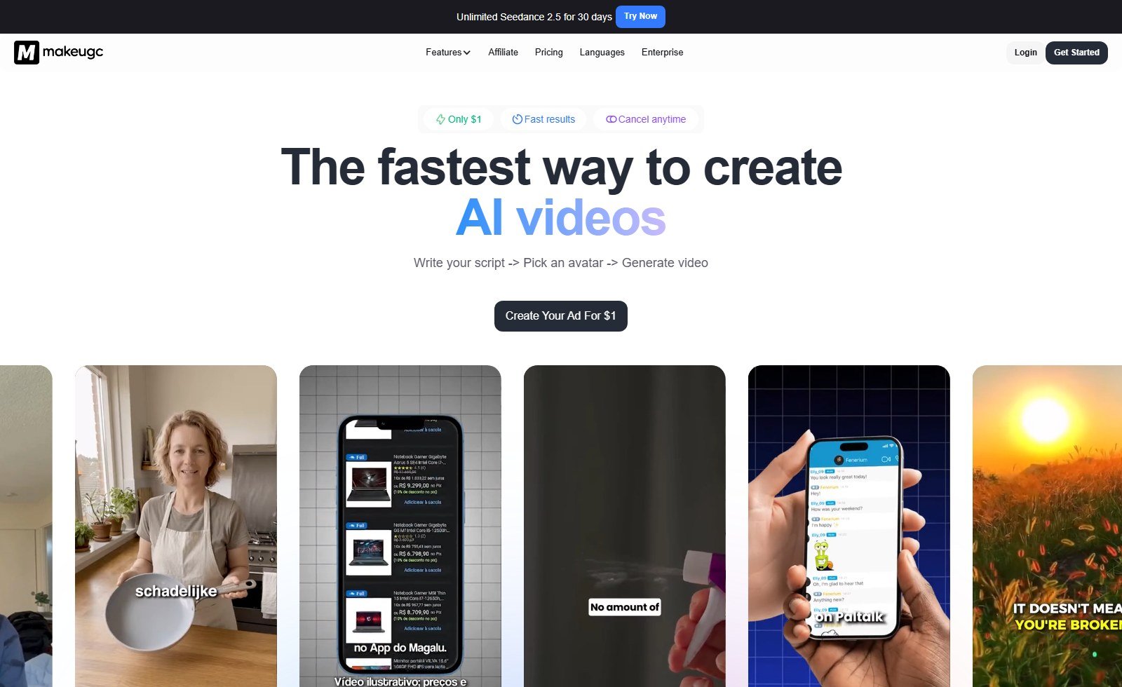 MakeUGC homepage with write script, pick avatar, generate video workflow