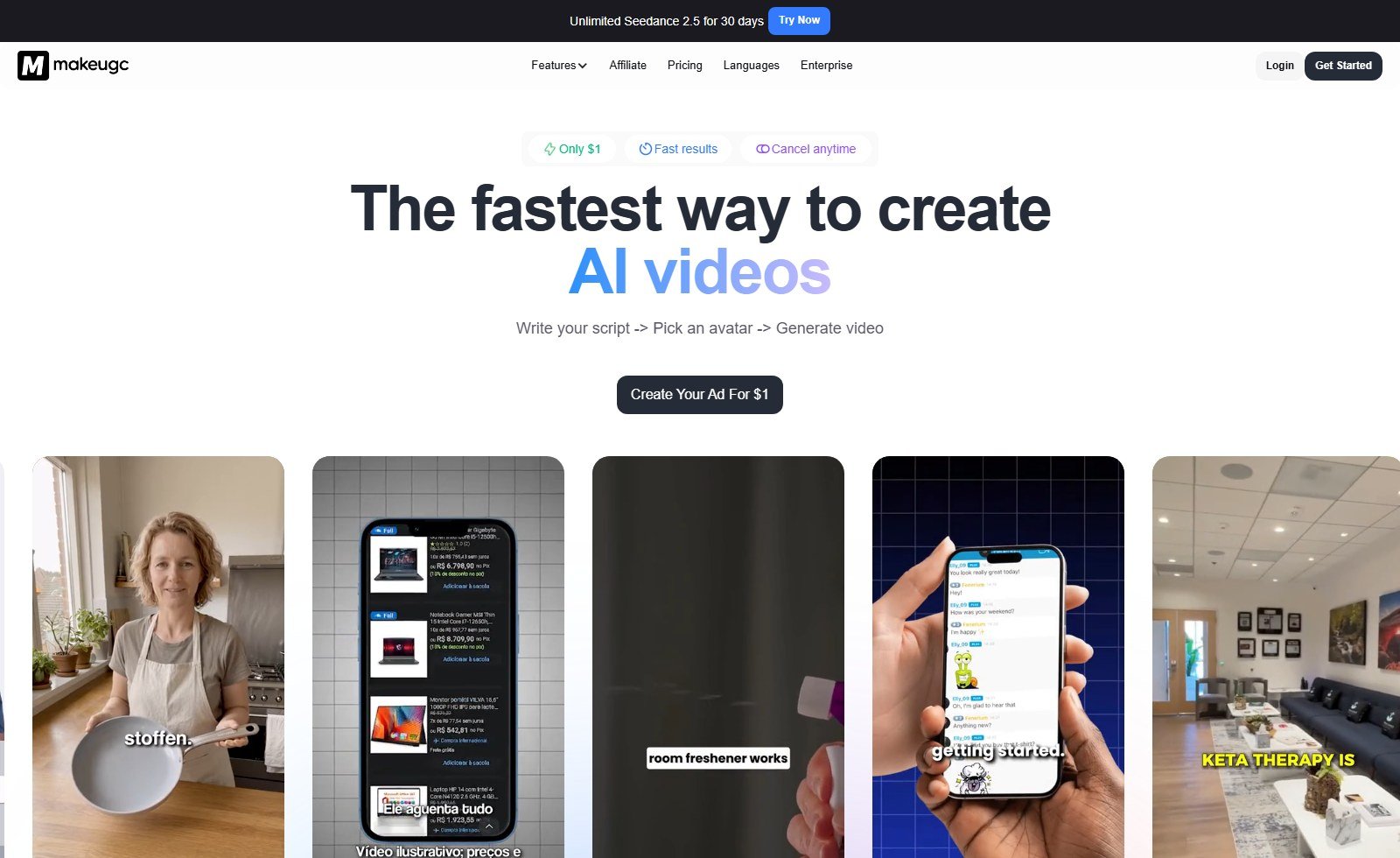 Official MakeUGC homepage: script pick avatar generate video, Create Your Ad For $1, product demo clips