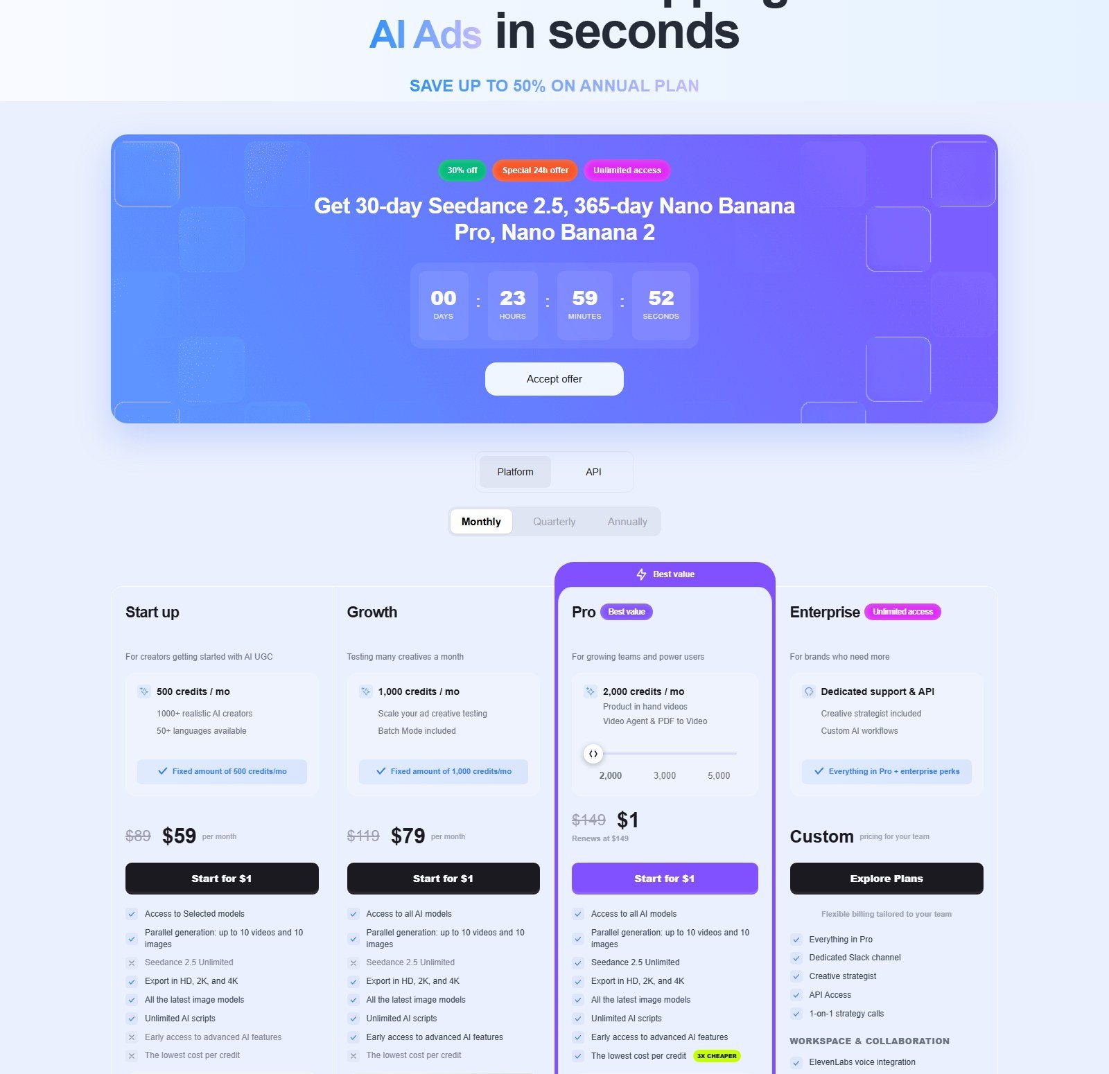 Official MakeUGC pricing cards: Start up $59, Growth $79, Pro $1 renews at $149, with credit amounts