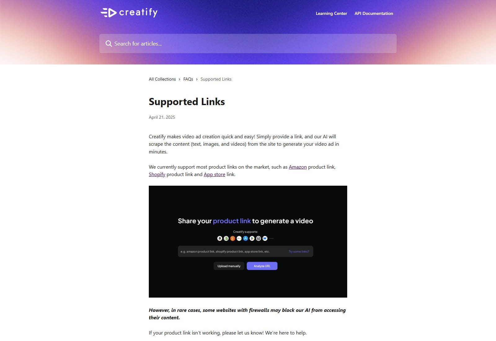 Creatify help article Supported Links naming Amazon, Shopify, and App Store product links