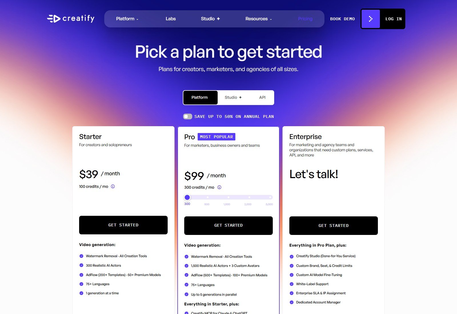 Creatify pricing with Starter at 39 dollars per month and Pro at 99 dollars per month