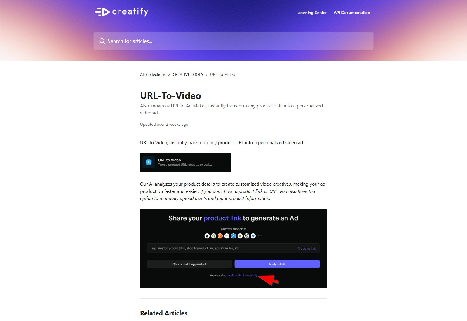 Creatify URL-to-Video help showing Analyze URL and add product manually options