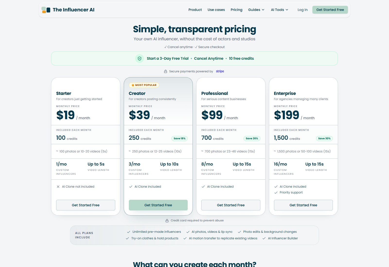 TheInfluencer.ai pricing with Starter 19 dollars per month and try-on clothes and hold products on all plans