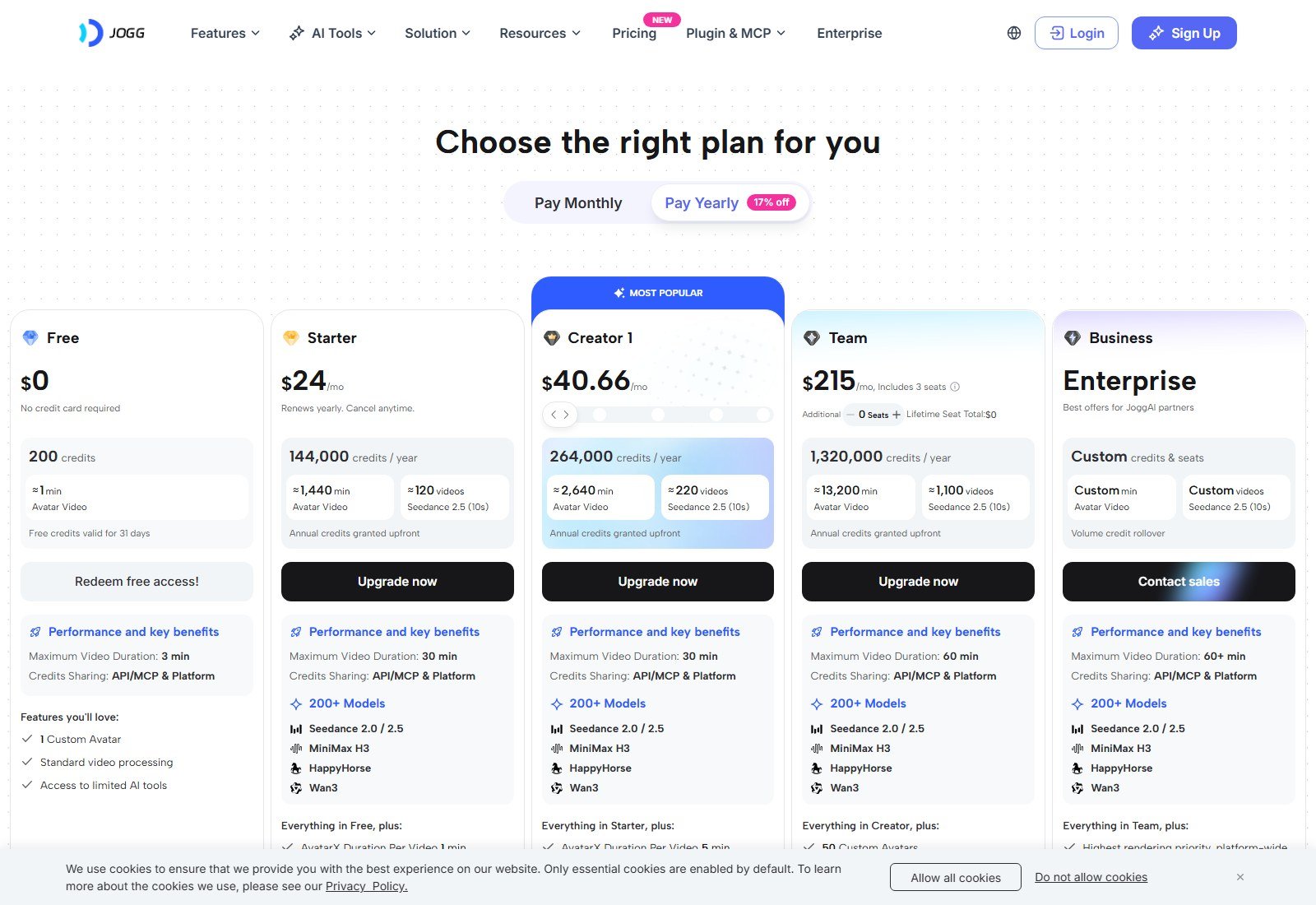 JoggAI yearly pricing with Starter at 24 dollars per month renews yearly