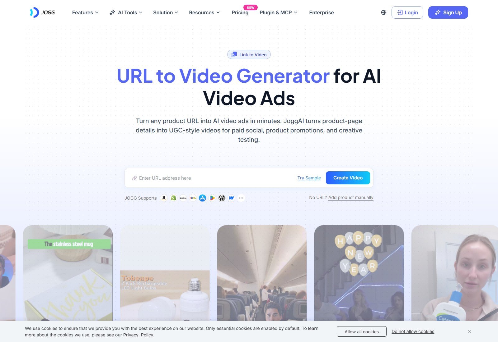 JoggAI URL to Video generator with product URL field, Create Video, and marketplace logos