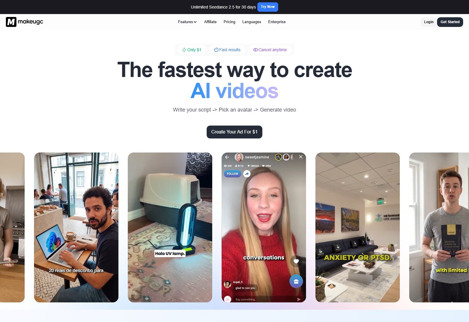 MakeUGC homepage showing AI video ads including a UV lamp product and a person holding a book