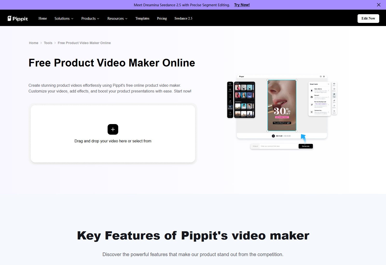 Pippit official Free Product Video Maker page with product upload area and editor preview