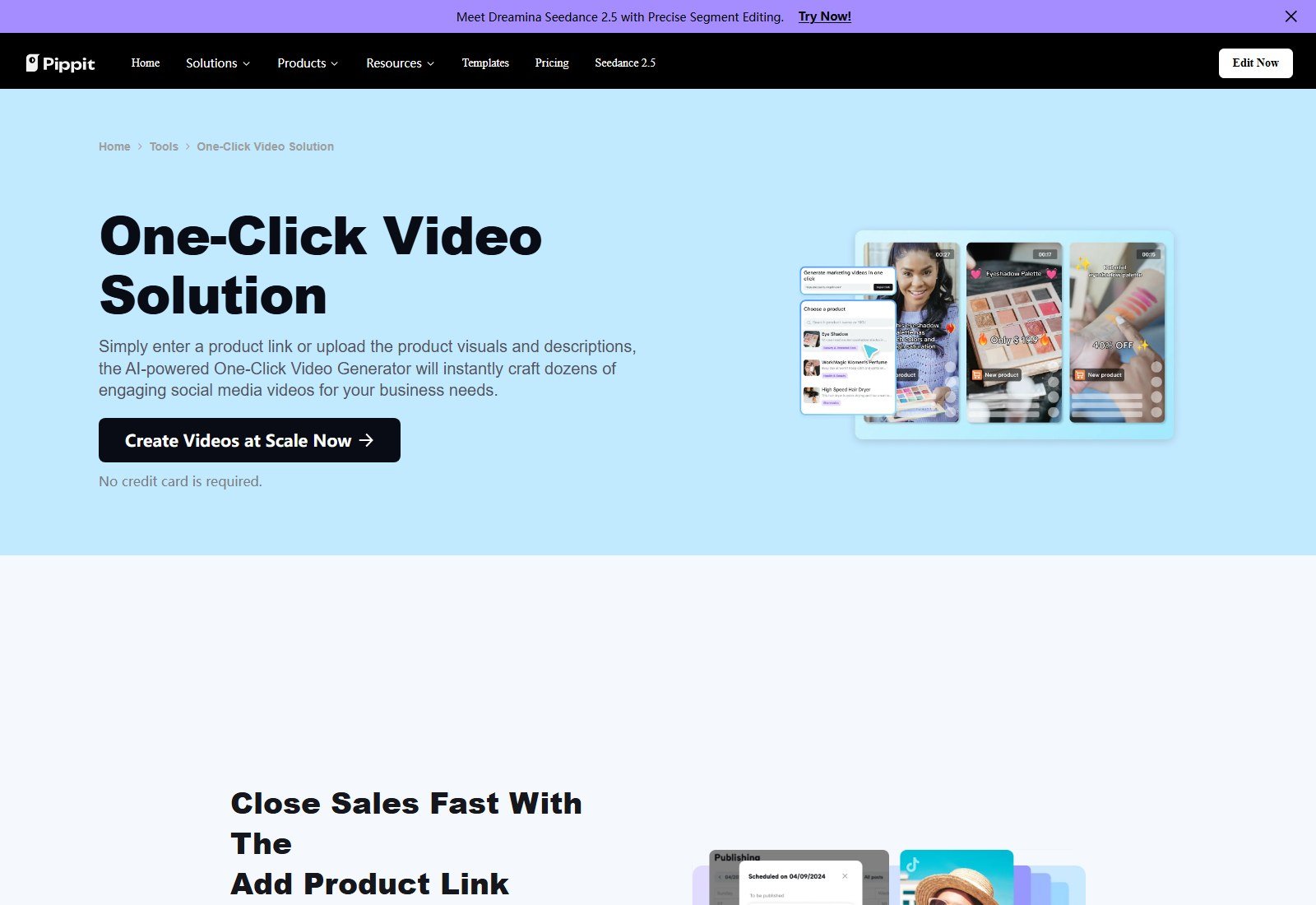 Pippit One-Click Video Solution page describing product link or uploaded visuals and descriptions