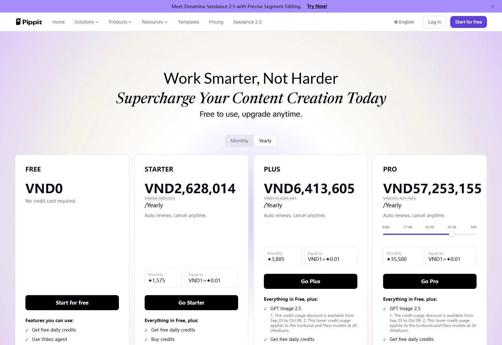 Pippit yearly pricing cards showing Free, Starter, Plus, and Pro with localized VND prices