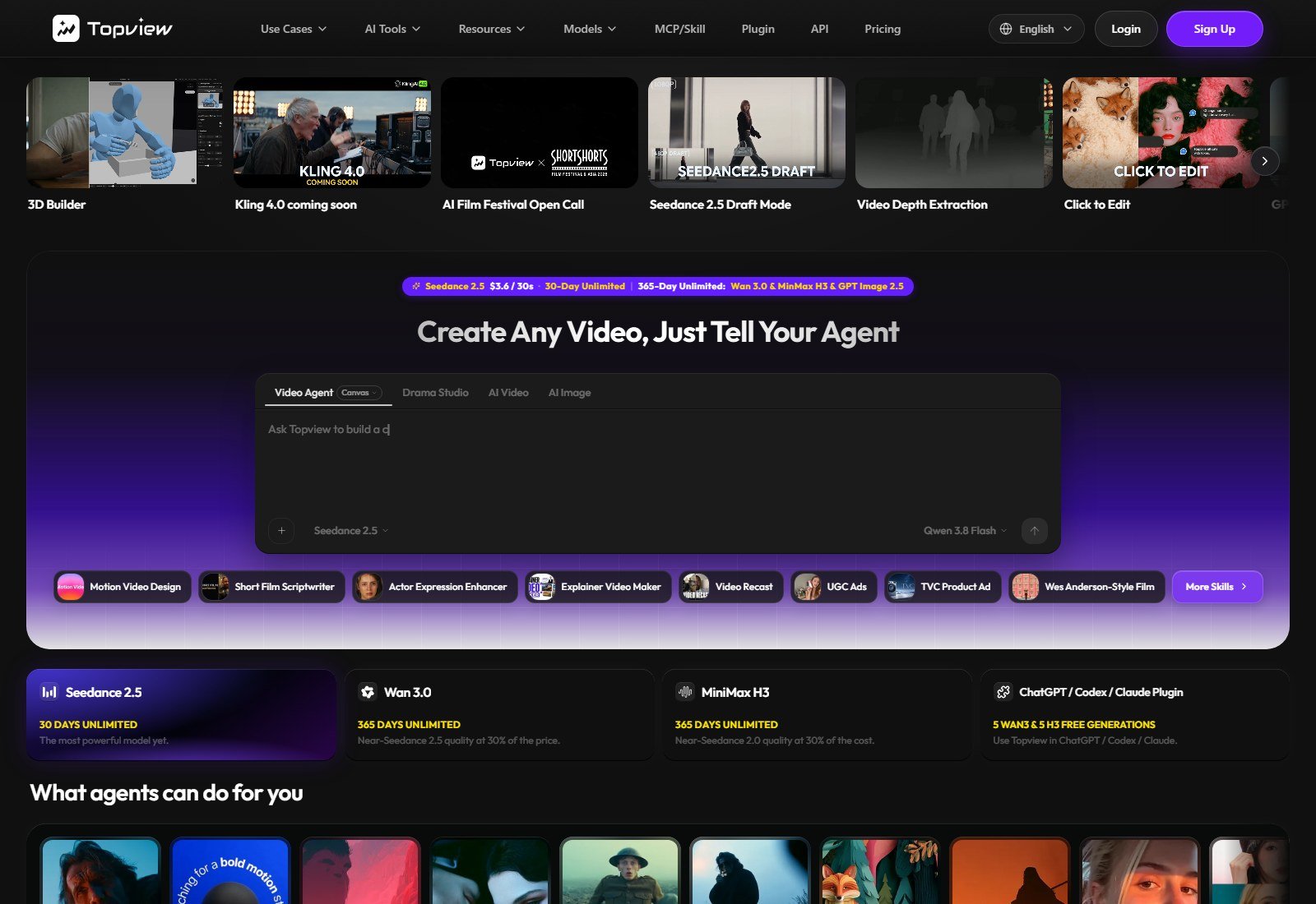 Topview AI Video Agent homepage with Seedance 2.5 model selector and product-ad skills