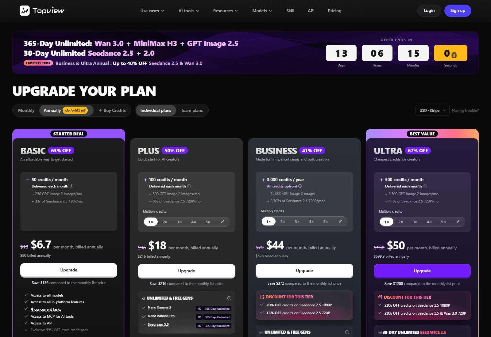 Topview annual pricing with Basic at 6.7 dollars per month billed annually at 80 dollars