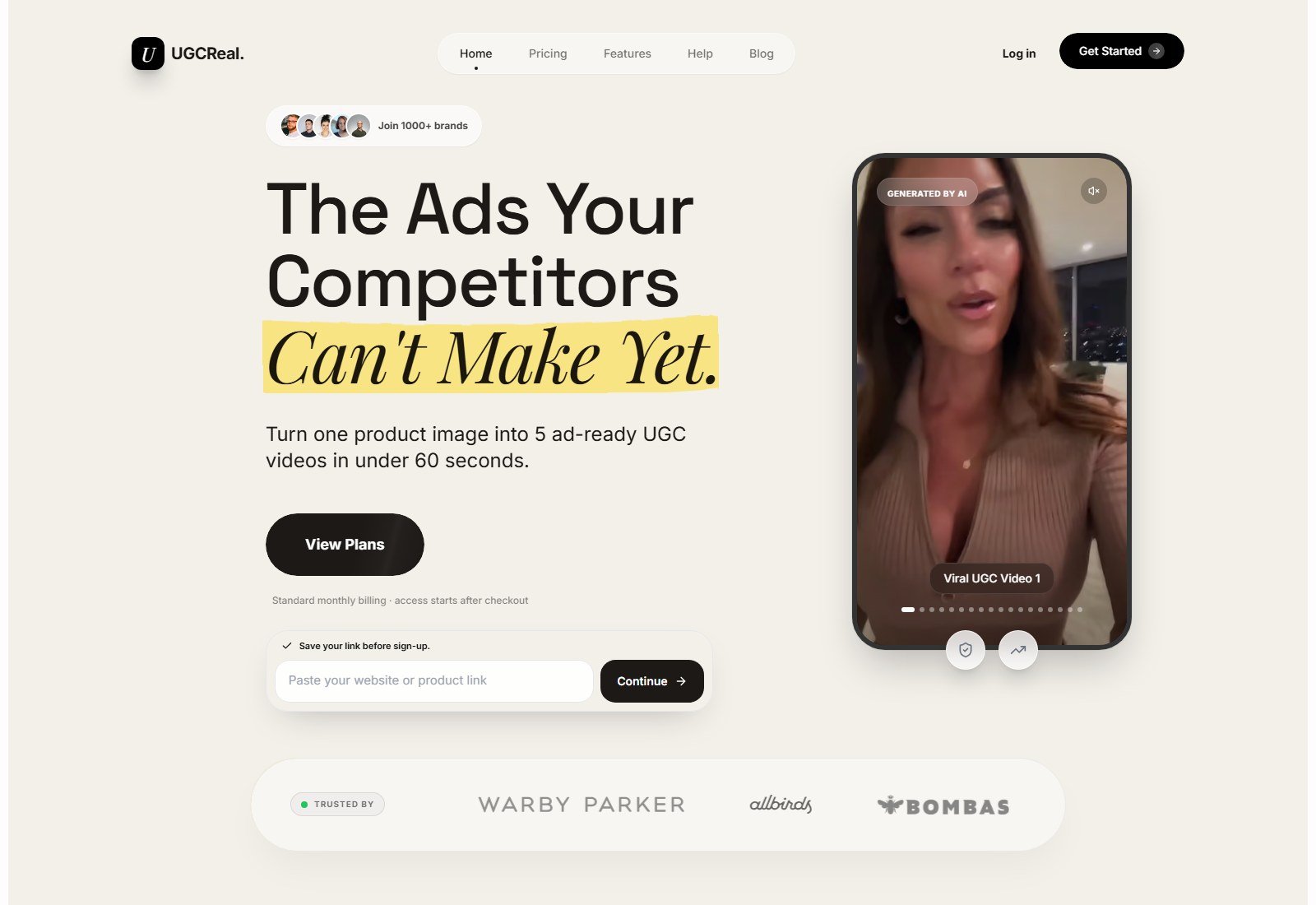 UGCReal homepage offering one product image to five UGC videos plus paste website or product link