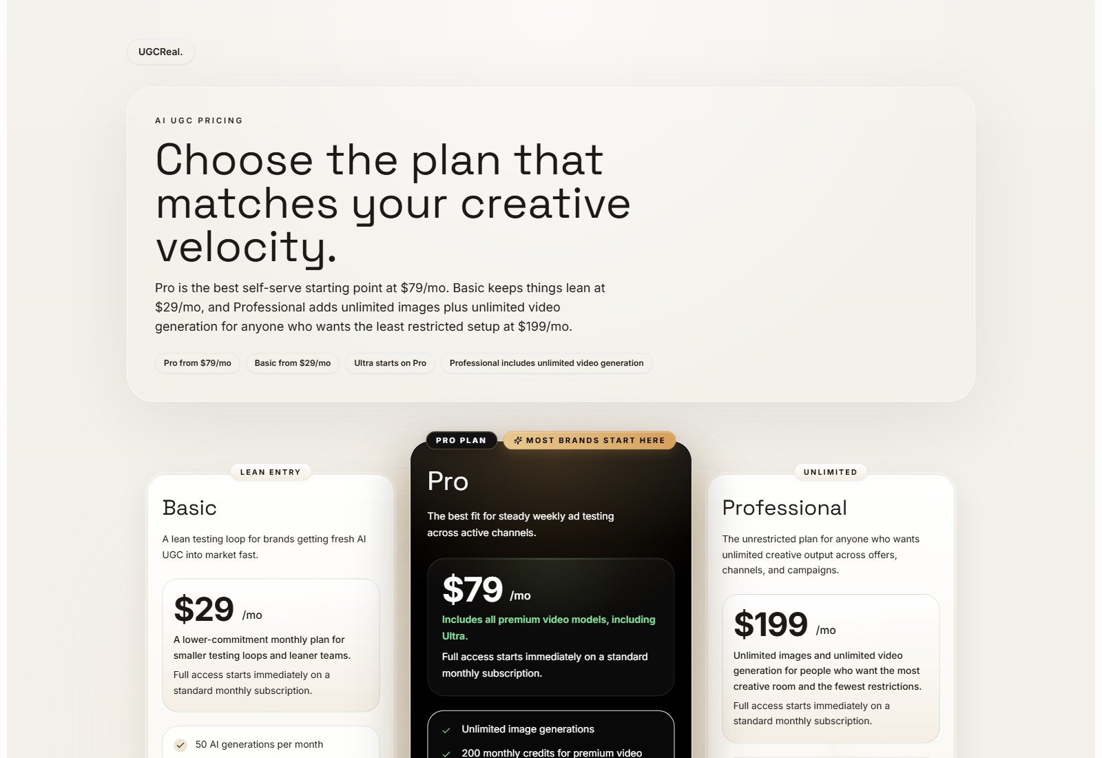 UGCReal pricing with Basic 29, Pro 79, and Professional 199 dollars per month