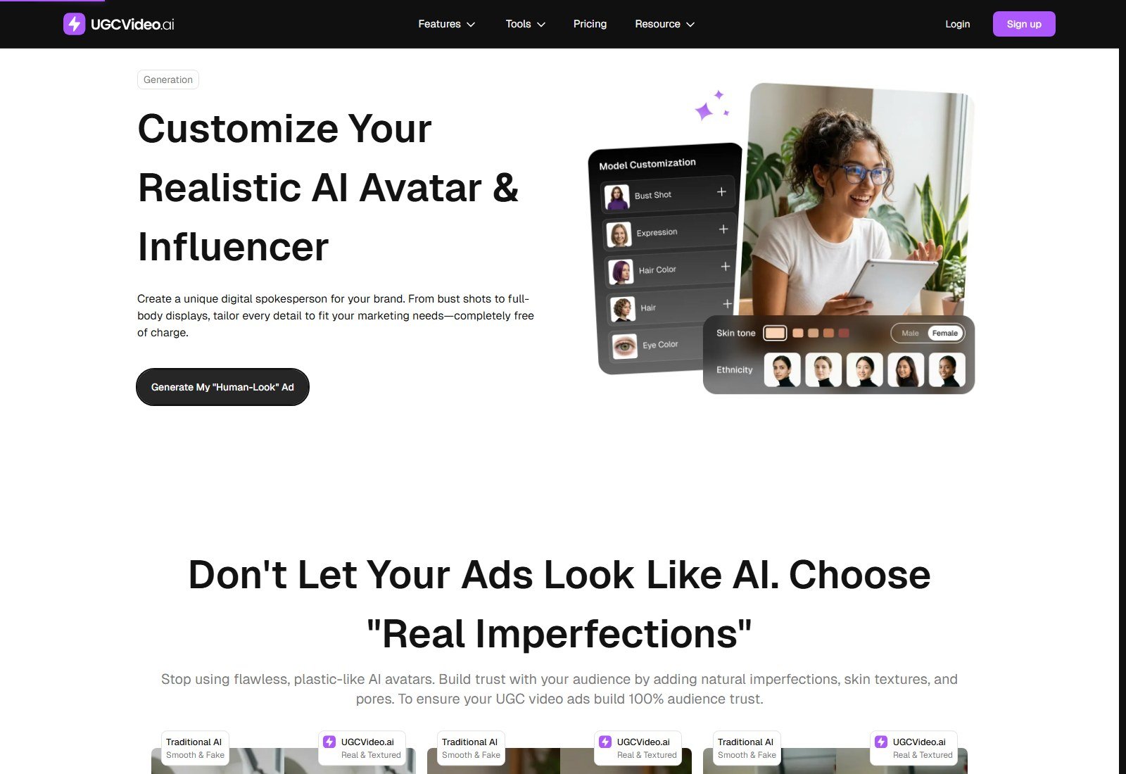 UGCVideo.ai homepage for customizing a realistic AI avatar and influencer