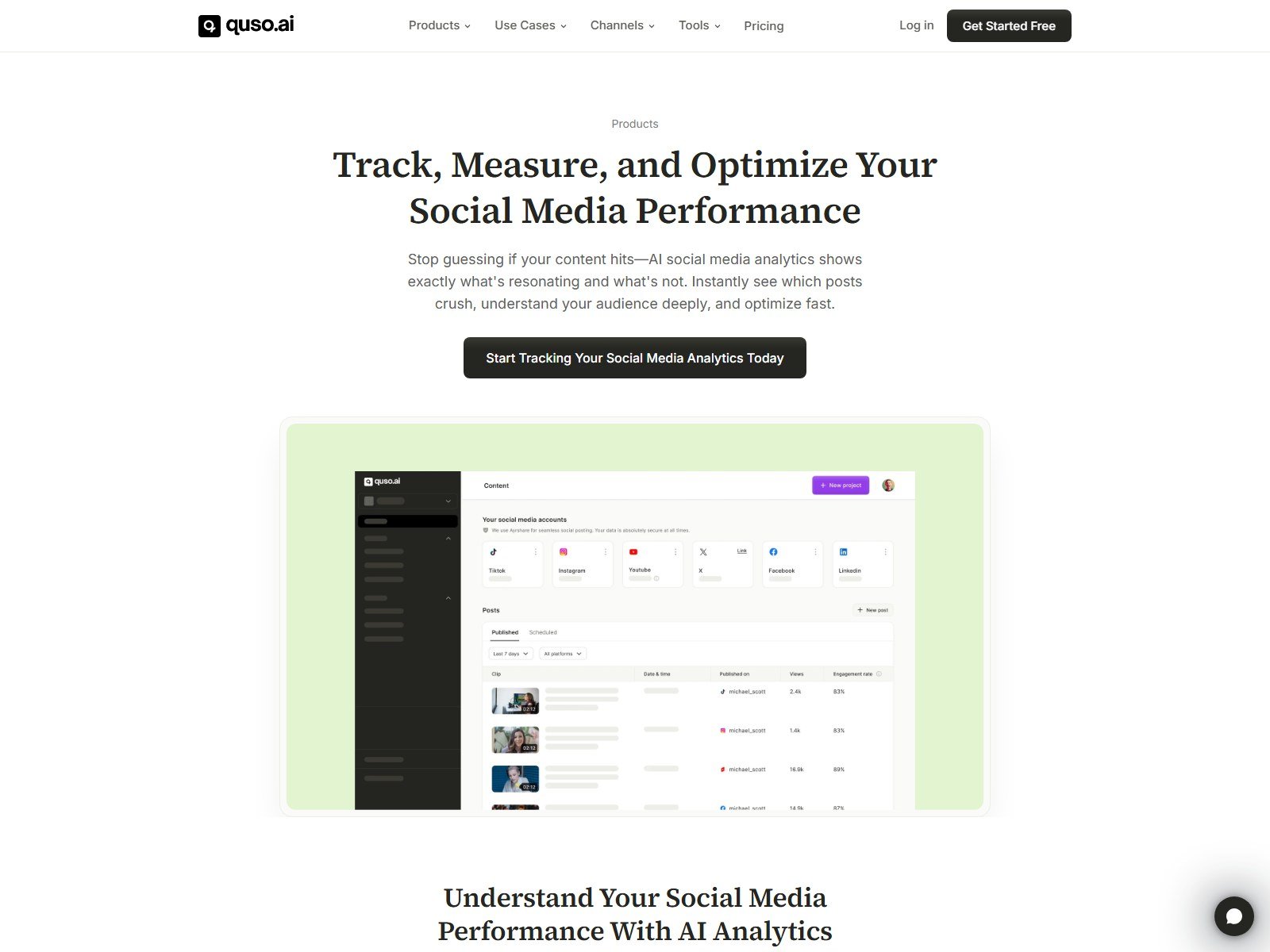 Official Quso.ai social media analytics page showing connected accounts posts views and engagement rate table
