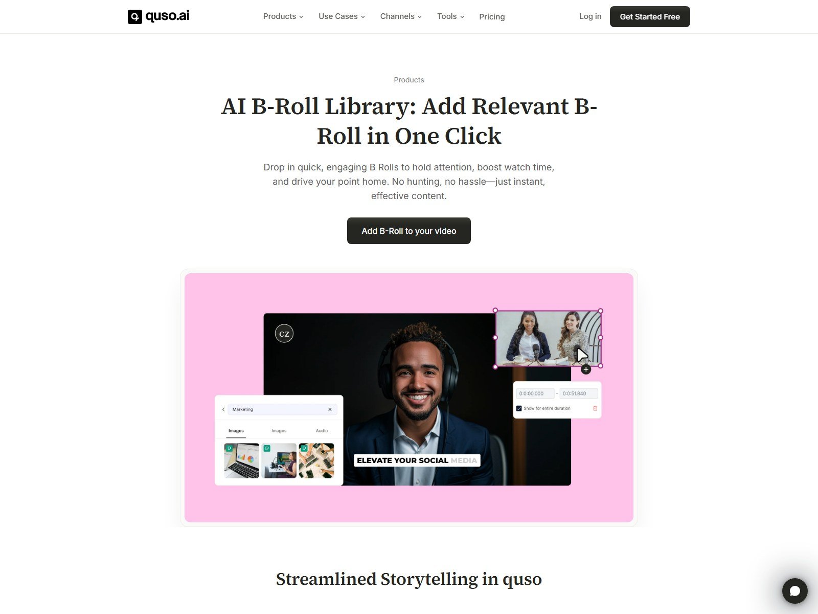Official Quso.ai AI B-Roll Library page with stock image picker overlay and picture-in-picture B-roll on a talking-head clip