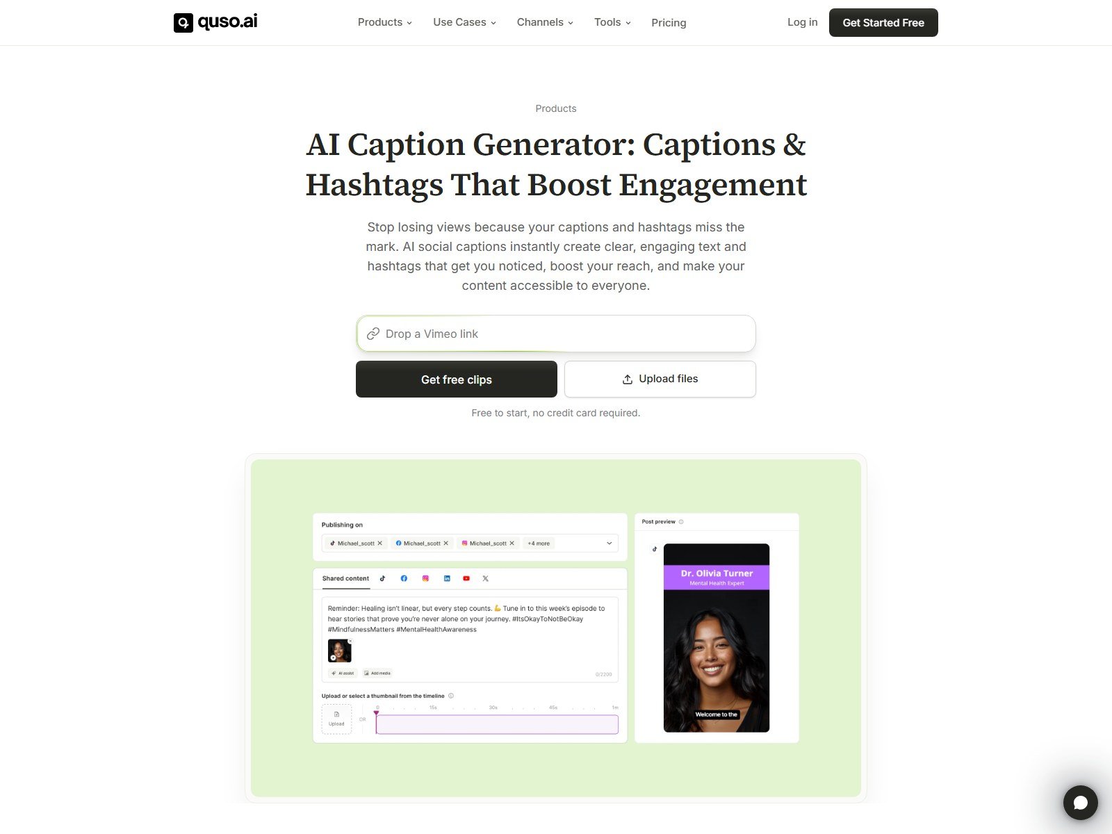 Official Quso.ai AI Caption Generator page for social captions and hashtags with post composer preview