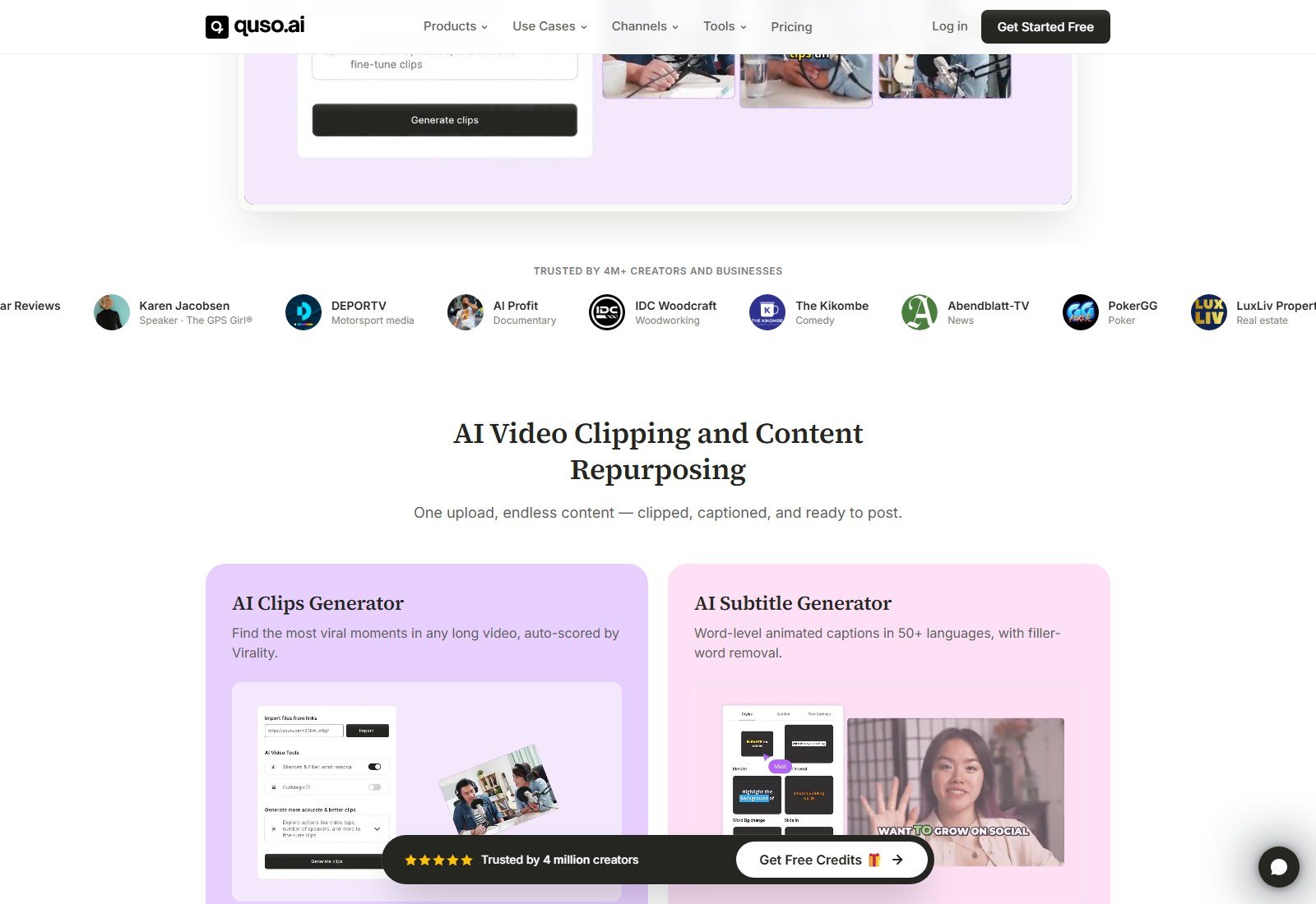 Official Quso.ai homepage AI Video Clipping and Content Repurposing with AI Clips Generator and AI Subtitle Generator cards