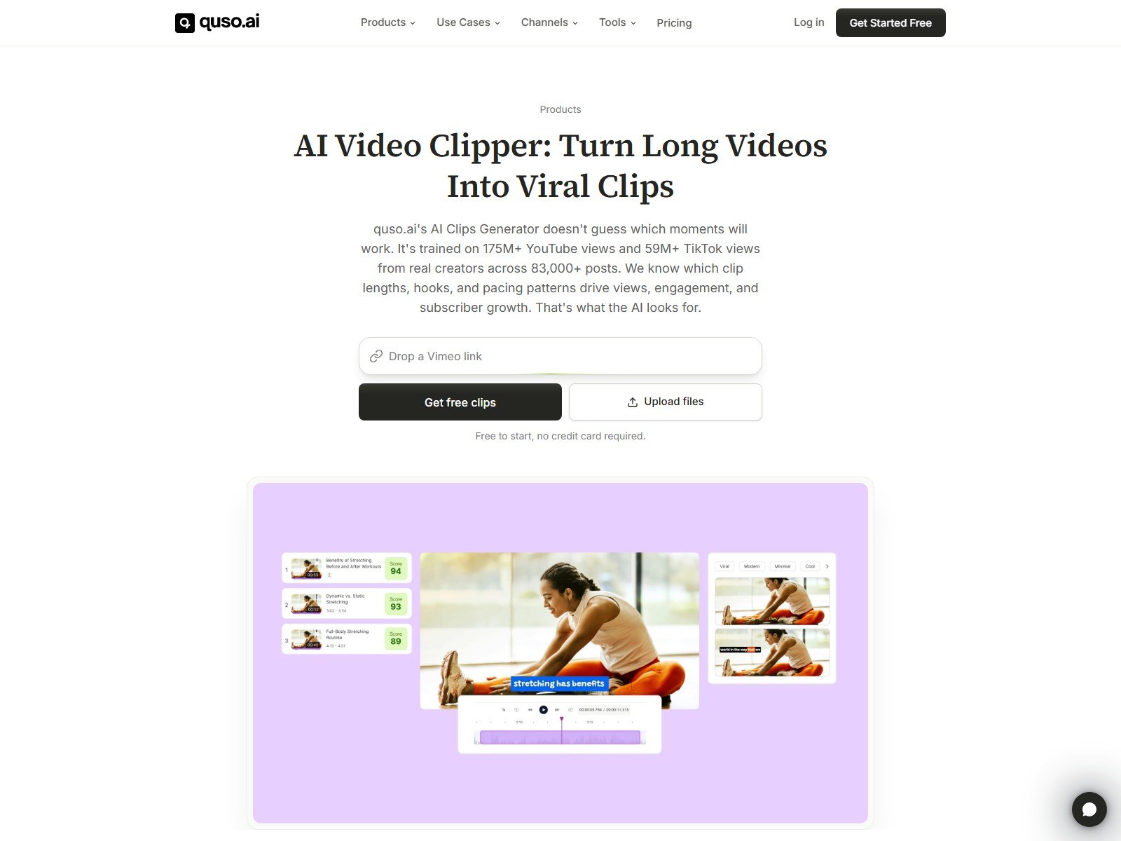 Official Quso.ai AI Clips Generator page with clip list showing scores 94 93 89 and captioned preview