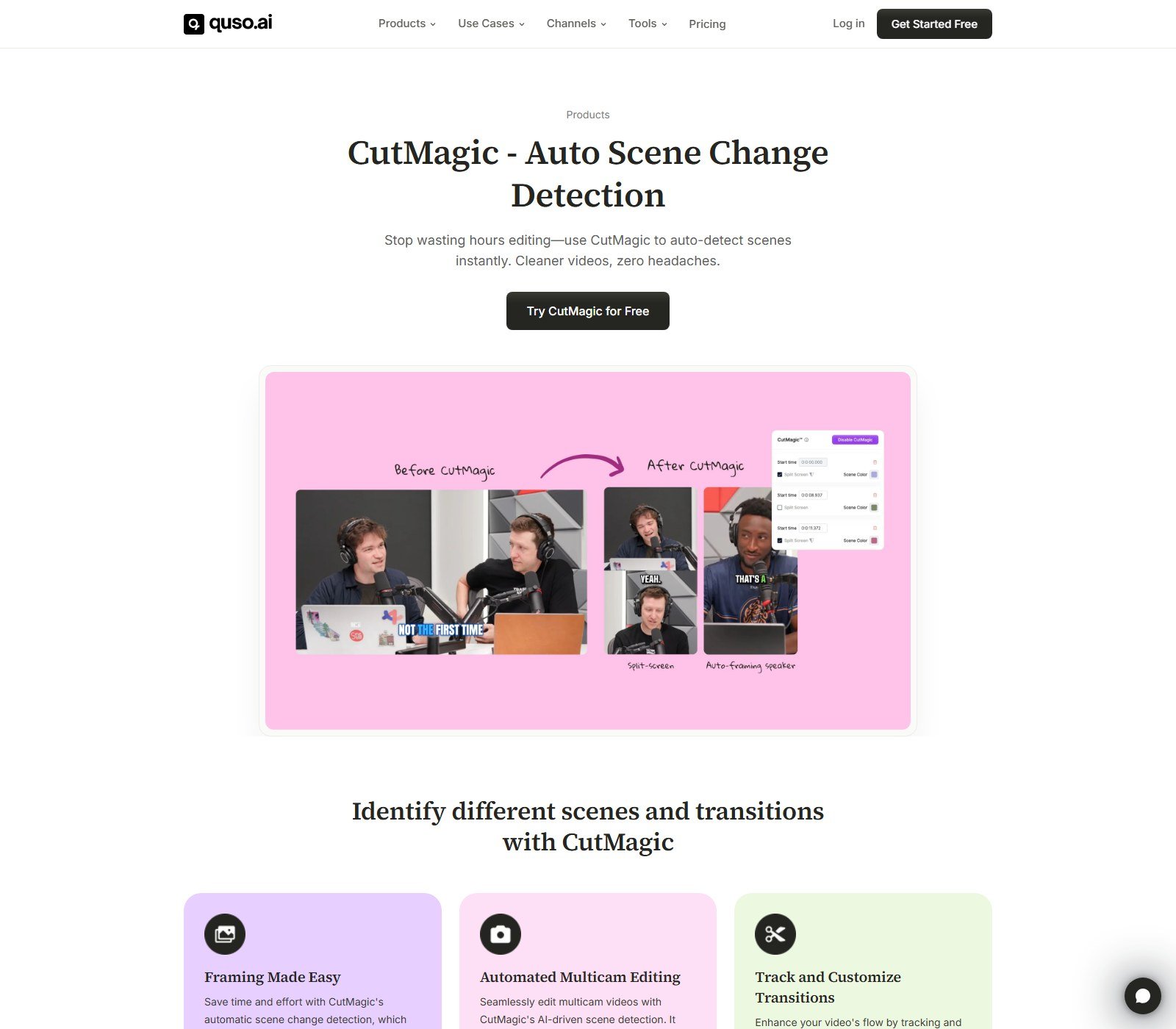 Official Quso.ai CutMagic page showing before and after auto-framing split-screen and auto-framing speaker