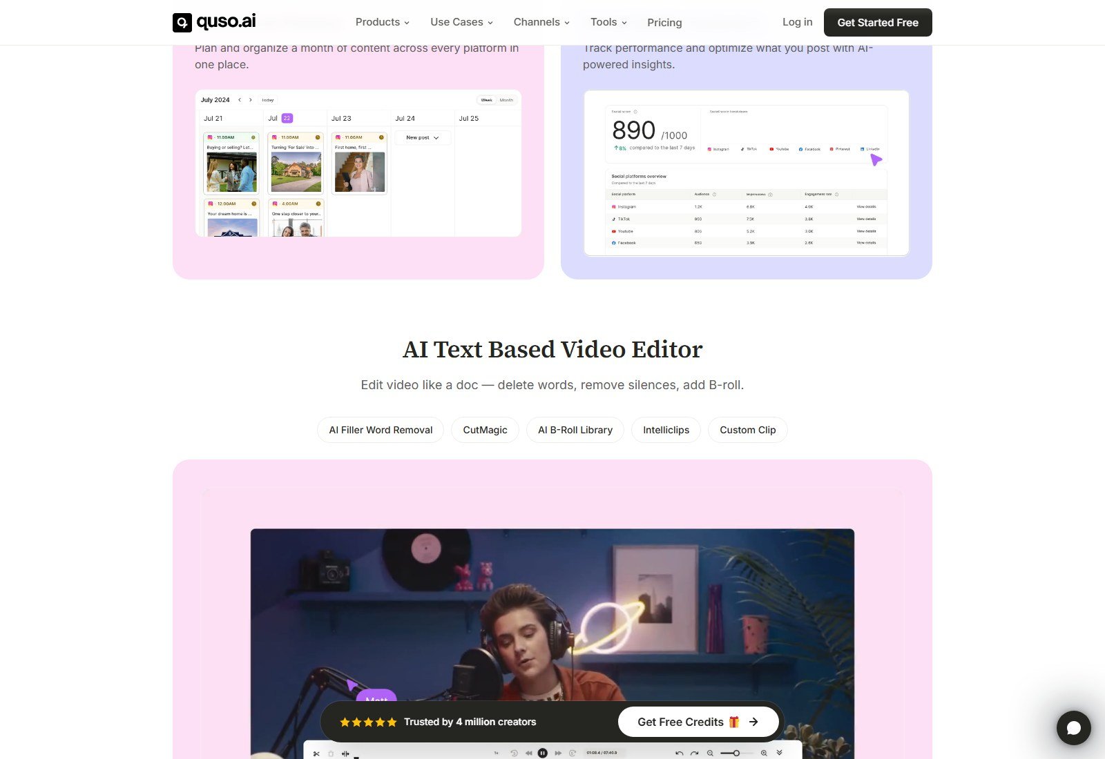 Official Quso.ai homepage AI Text Based Video Editor section with filler word removal CutMagic B-roll Intelliclips Custom Clip