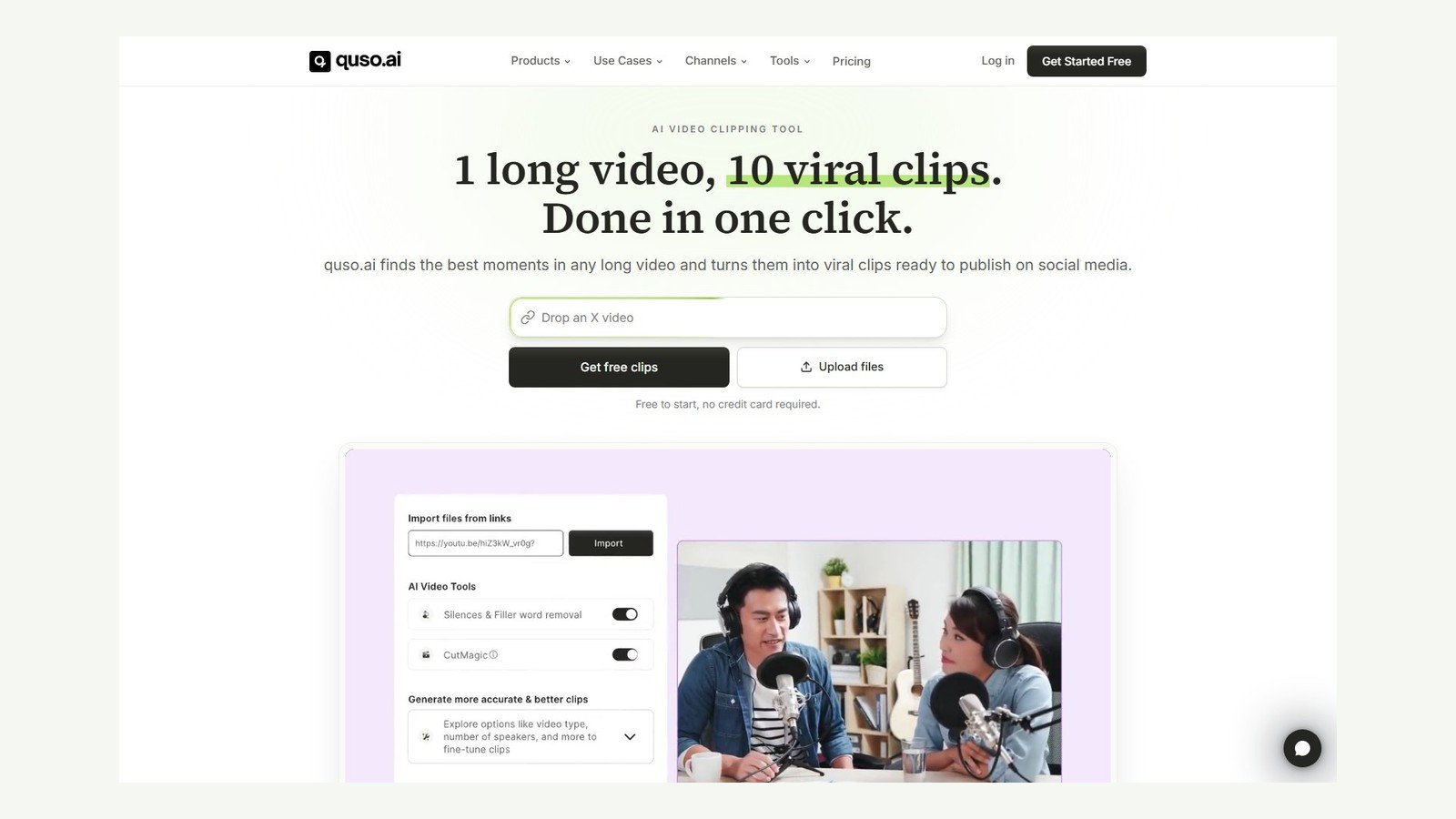 Editorial 16:9 canvas containing a complete Quso.ai homepage screenshot with 1 long video 10 viral clips headline