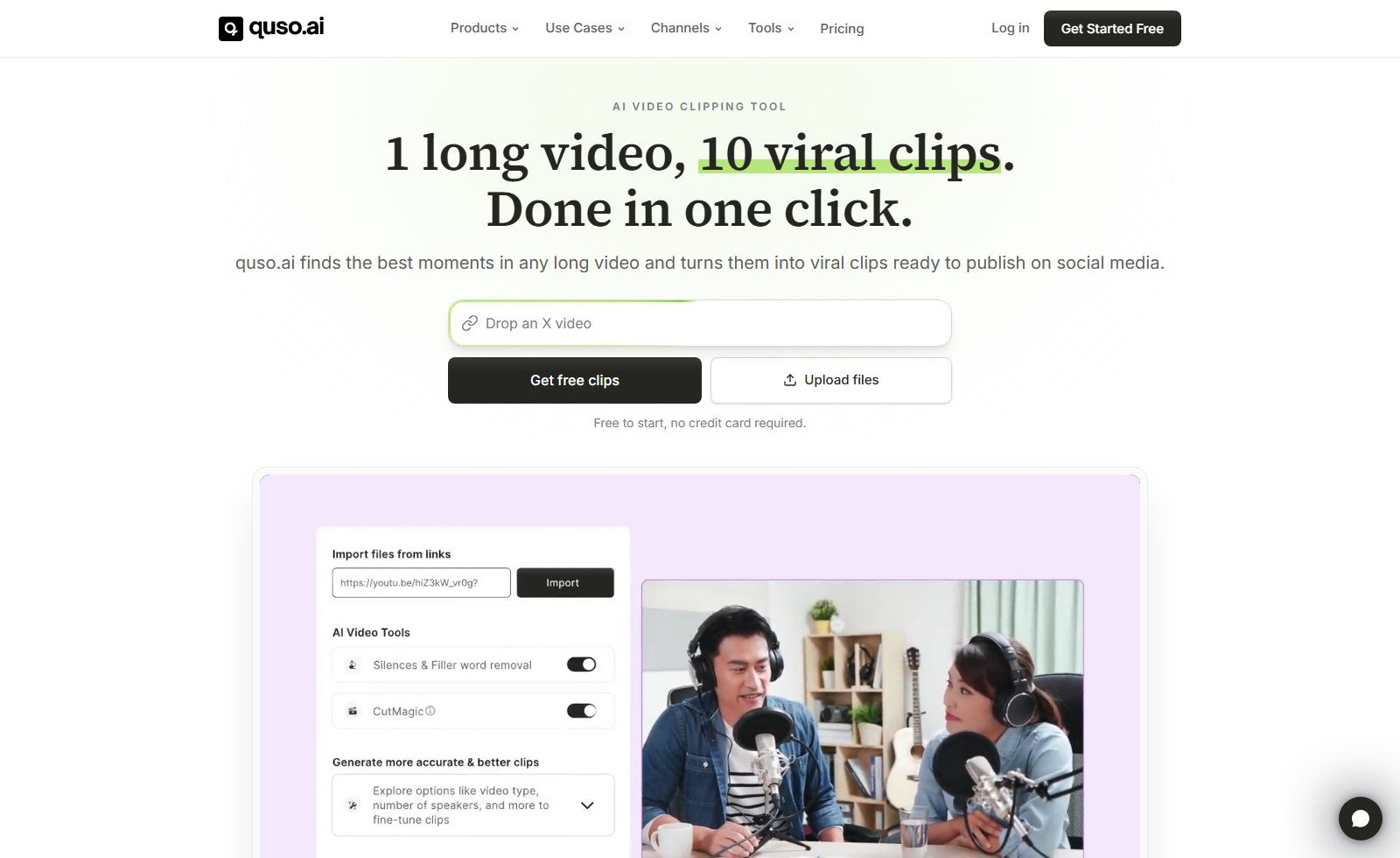 Official Quso.ai homepage AI video clipping tool with 1 long video 10 viral clips headline Get free clips and upload files