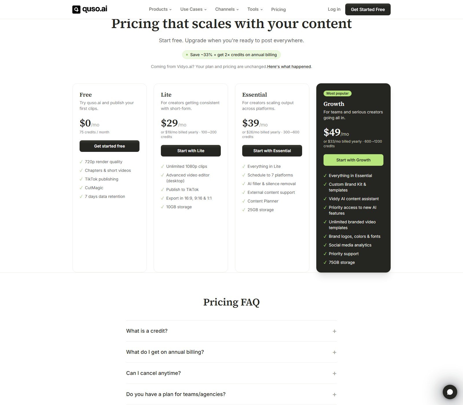Official Quso.ai pricing page Free Lite Essential and Growth plans with monthly prices 0 29 39 49 and yearly equivalents