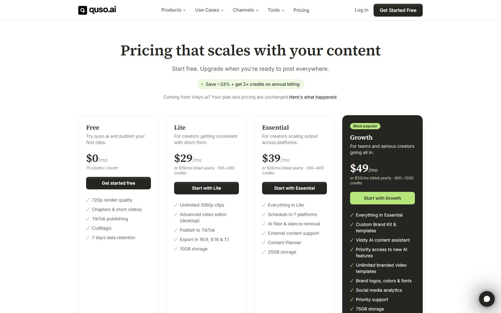 Official Quso pricing page capture for Lite and free-plan credit limits