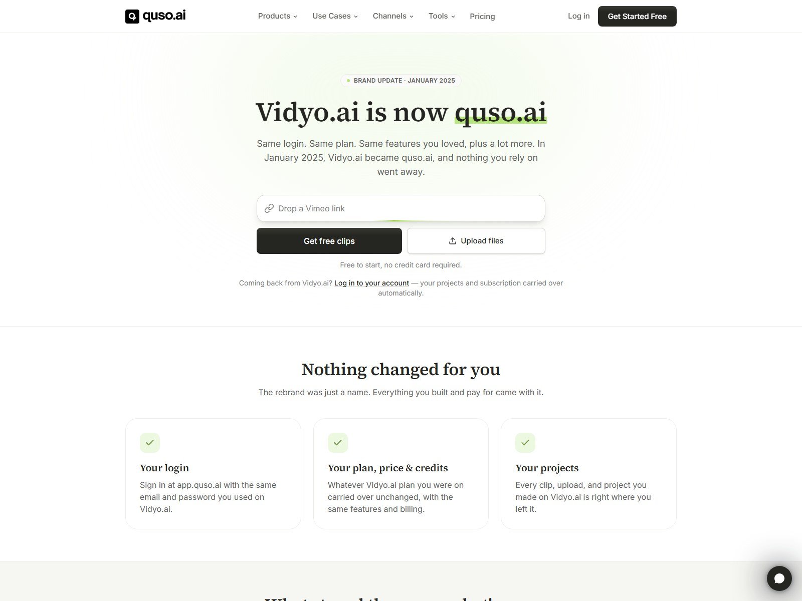 Official Quso.ai page Vidyo.ai is now quso.ai brand update January 2025 same login plan and projects