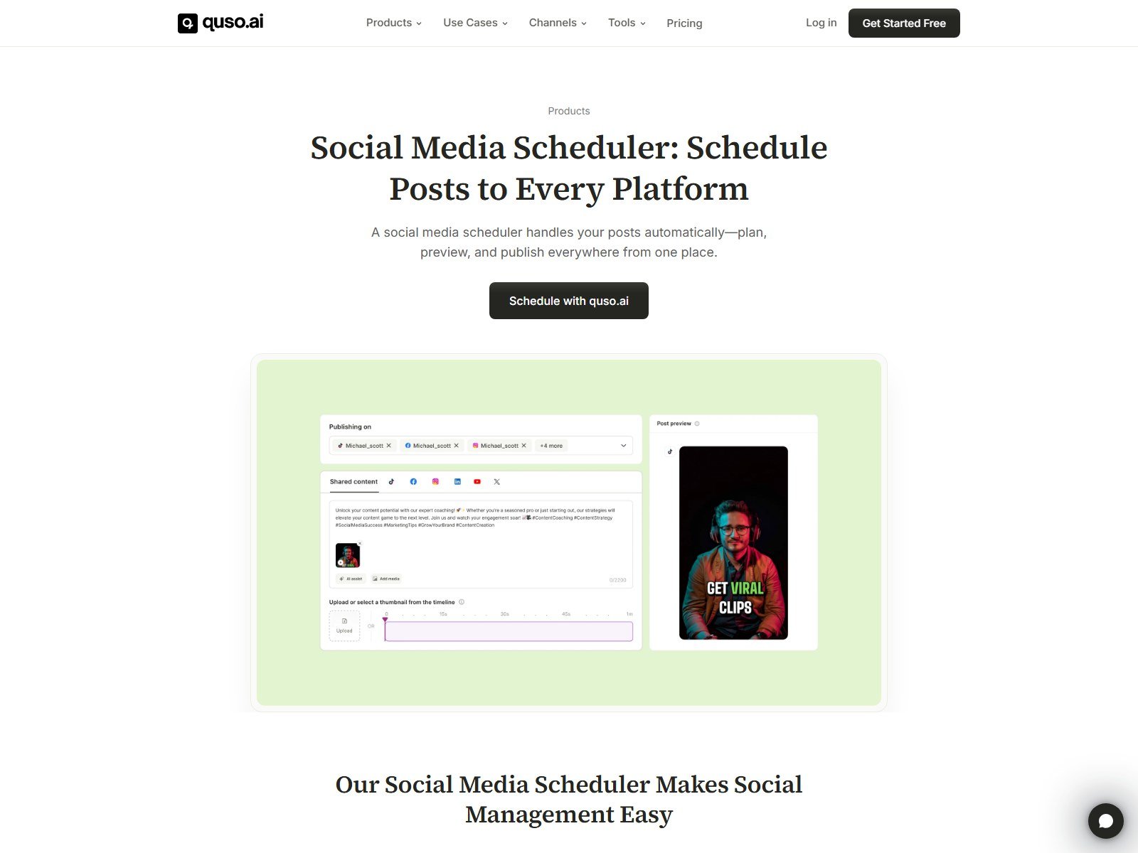 Official Quso.ai Social Media Scheduler page with publishing on accounts shared caption and post preview