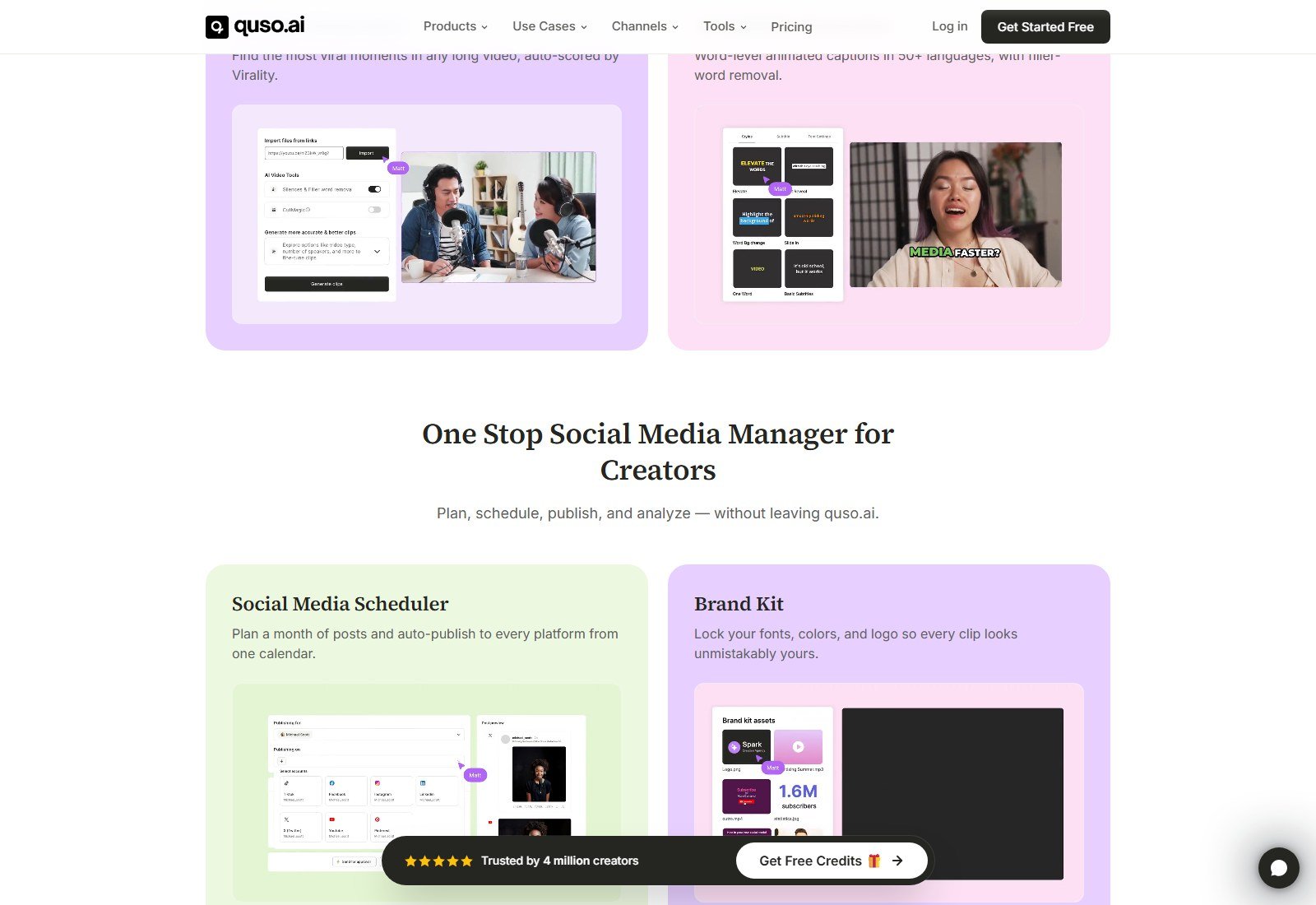 Official Quso.ai homepage One Stop Social Media Manager with Social Media Scheduler calendar mock and Brand Kit