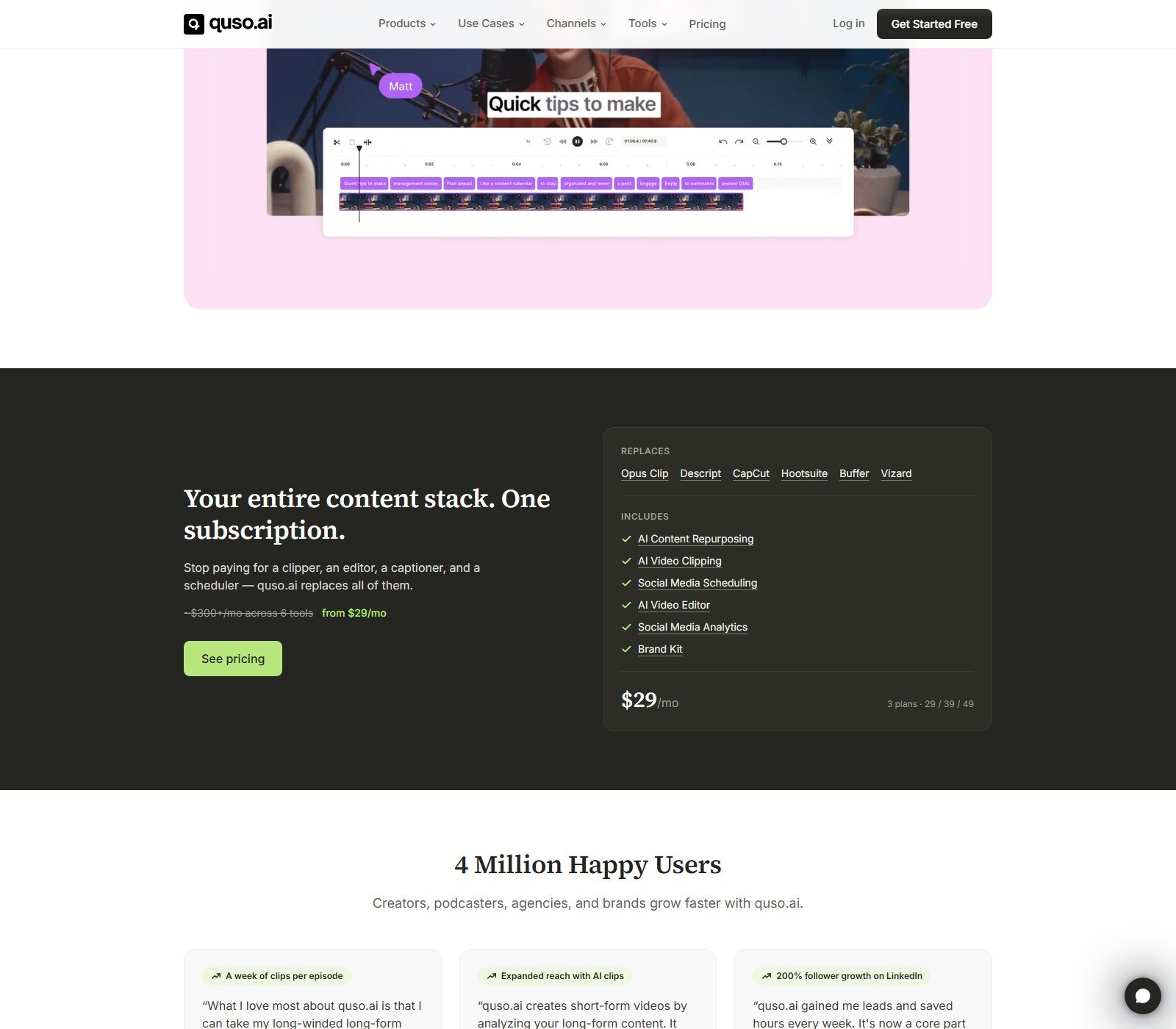 Official Quso.ai content stack section listing AI clipping scheduling editor analytics and Brand Kit from 29 per month