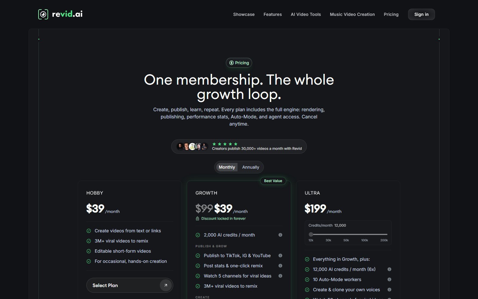 Official Revid pricing page capture for Growth and Ultra credits