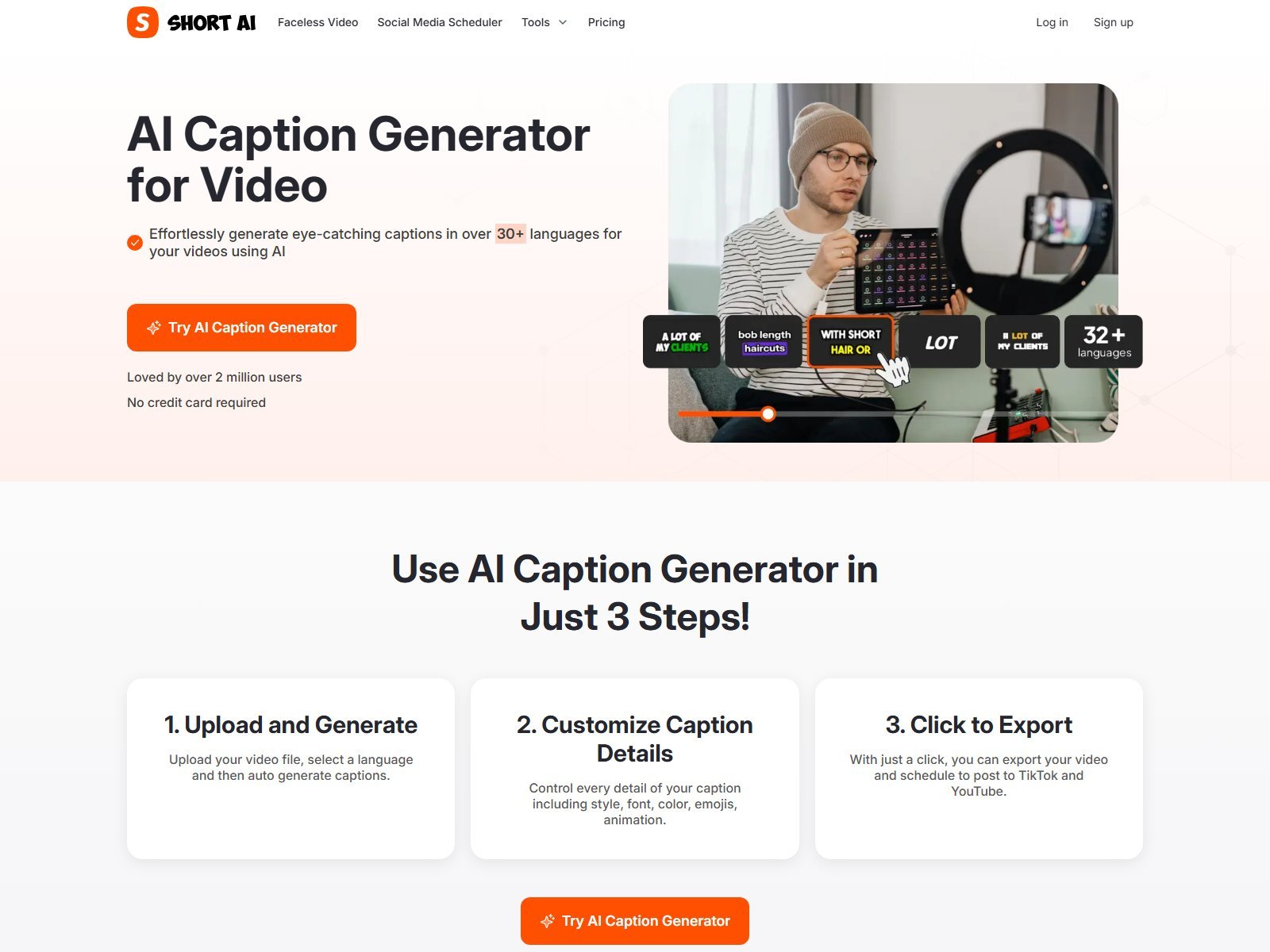 Official Short.ai AI Caption Generator page with three steps upload customize and export