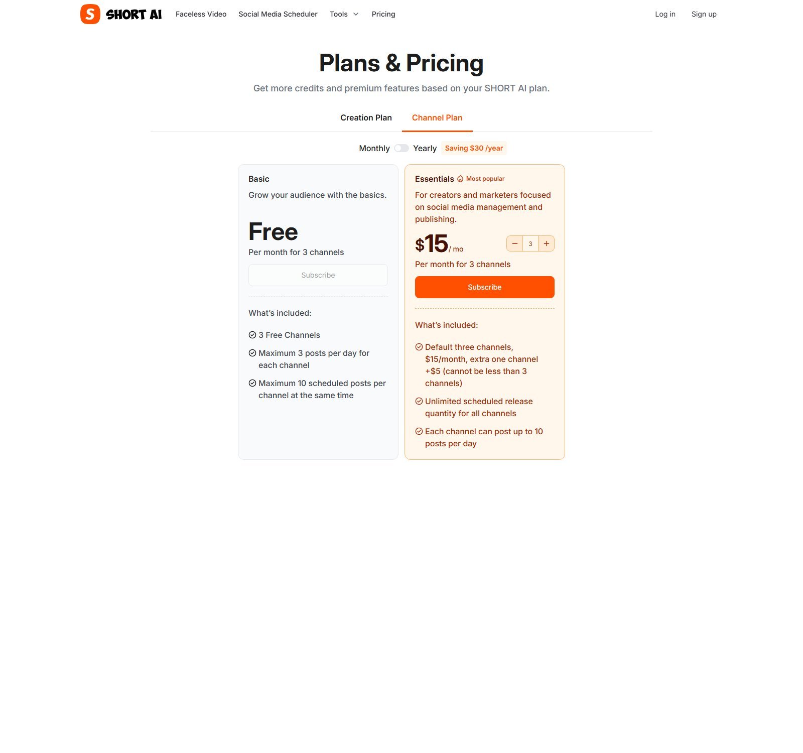 Official Short.ai Channel Plan Free three channels and Essentials 15 dollars per month for three channels