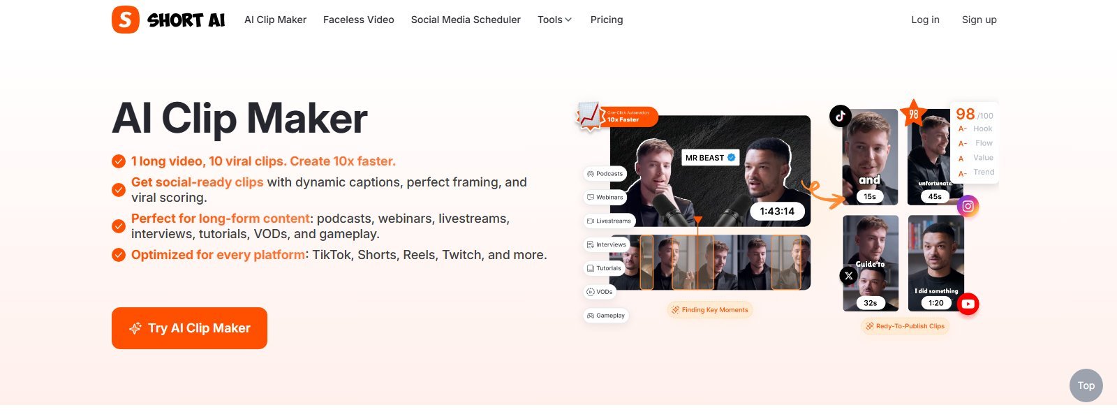 Official Short.ai AI Clip Maker page with long video to short clips and viral scoring copy