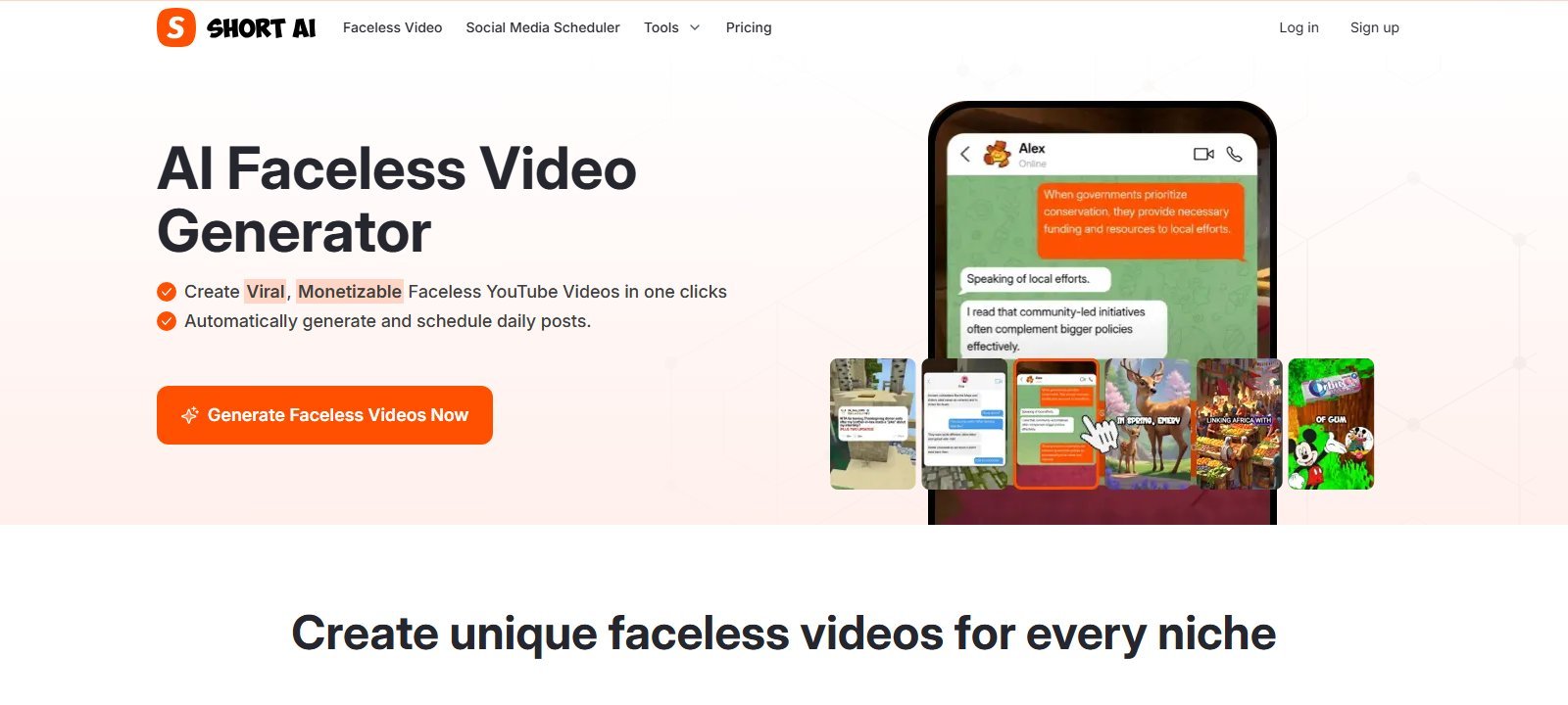 Official Short.ai faceless video generator page with Generate Faceless Videos Now