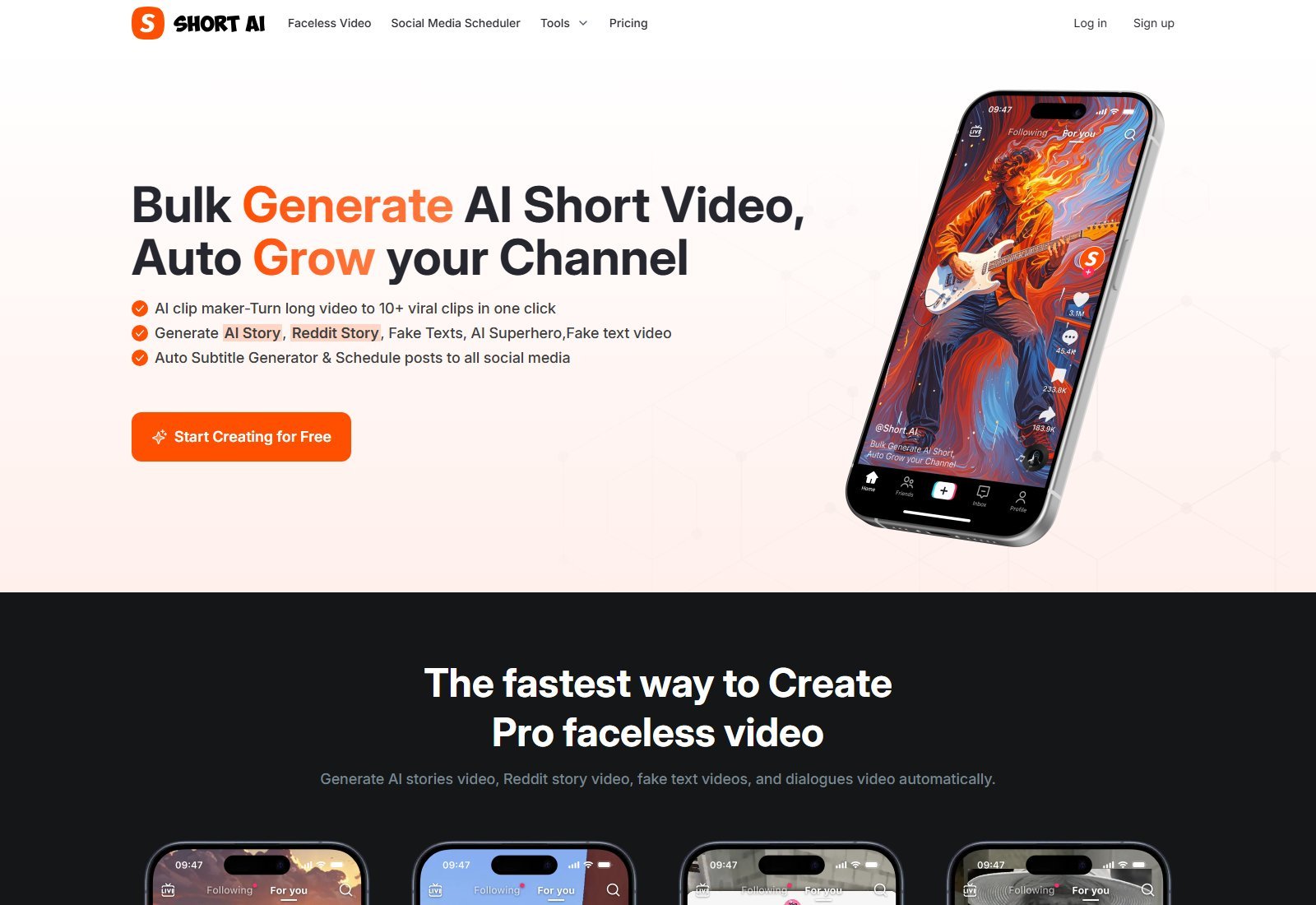 Official Short.ai homepage Bulk Generate AI Short Video Auto Grow your Channel with Start Creating for Free