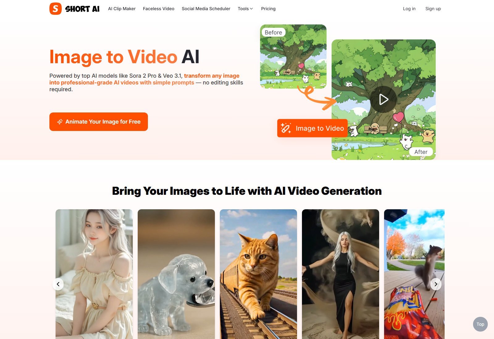 Official Short.ai Image to Video AI page powered by Sora 2 Pro and Veo 3.1