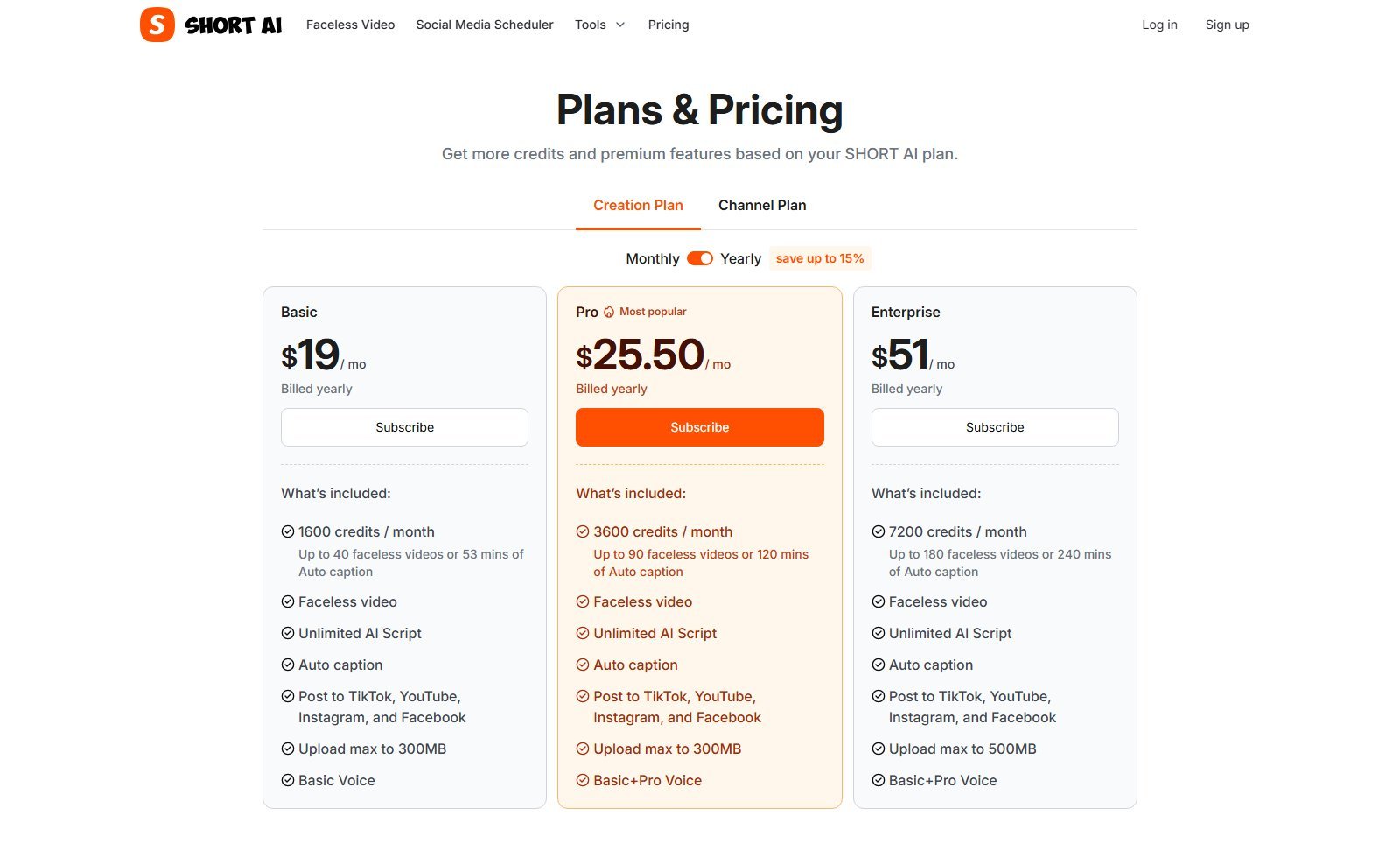 Official Short.ai yearly Creation Plan toggle on Basic 19 Pro 25.50 Enterprise 51 per month billed yearly