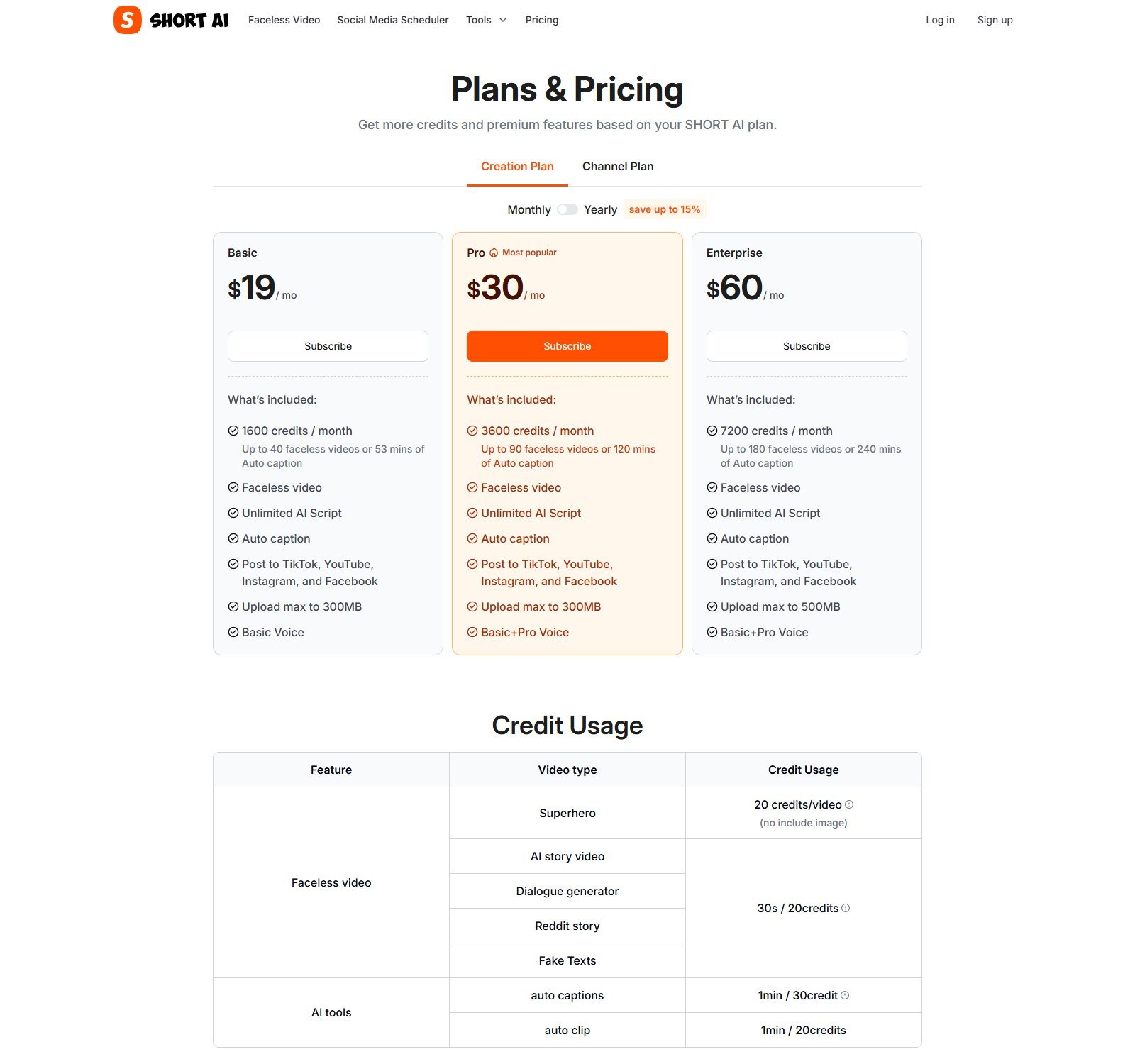 Official Short.ai Creation Plan pricing monthly Basic 19 Pro 30 Enterprise 60 dollars and credit usage table