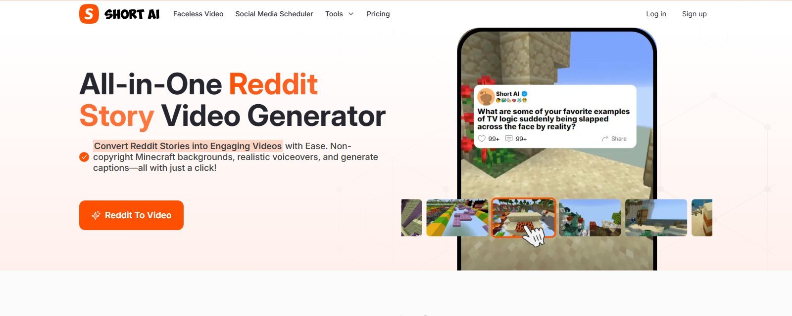 Official Short.ai Reddit story video generator with Minecraft background and Reddit To Video button