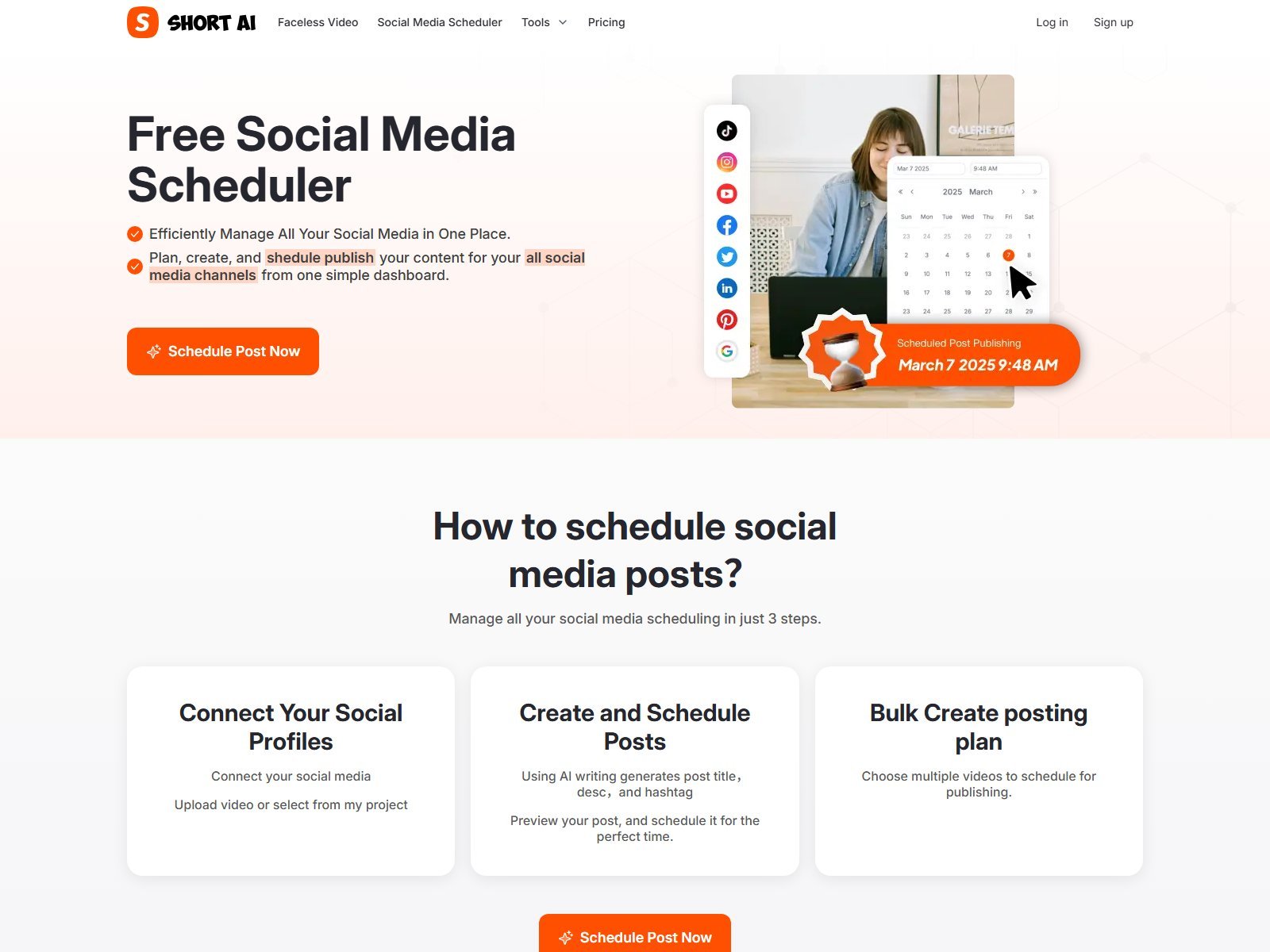 Official Short.ai Free Social Media Scheduler page with connect profiles and bulk posting steps