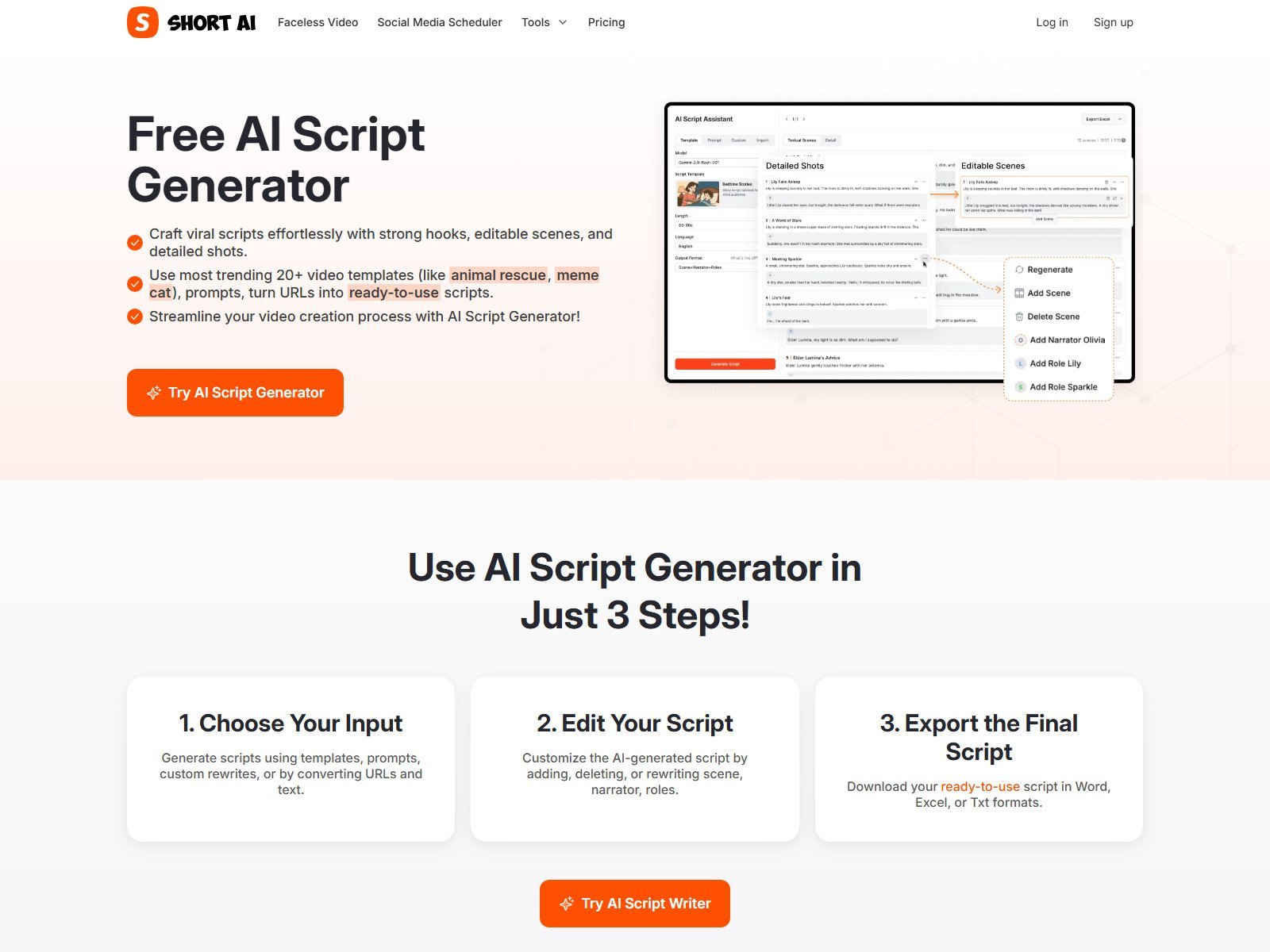 Official Short.ai Free AI Script Generator with templates prompts and URL to script