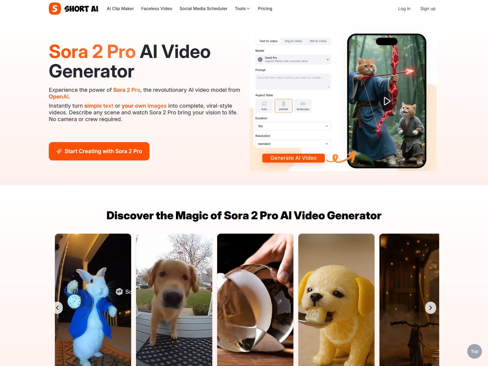 Official Short.ai Sora 2 Pro generator widget with text to video image to video duration 10s and Generate AI Video