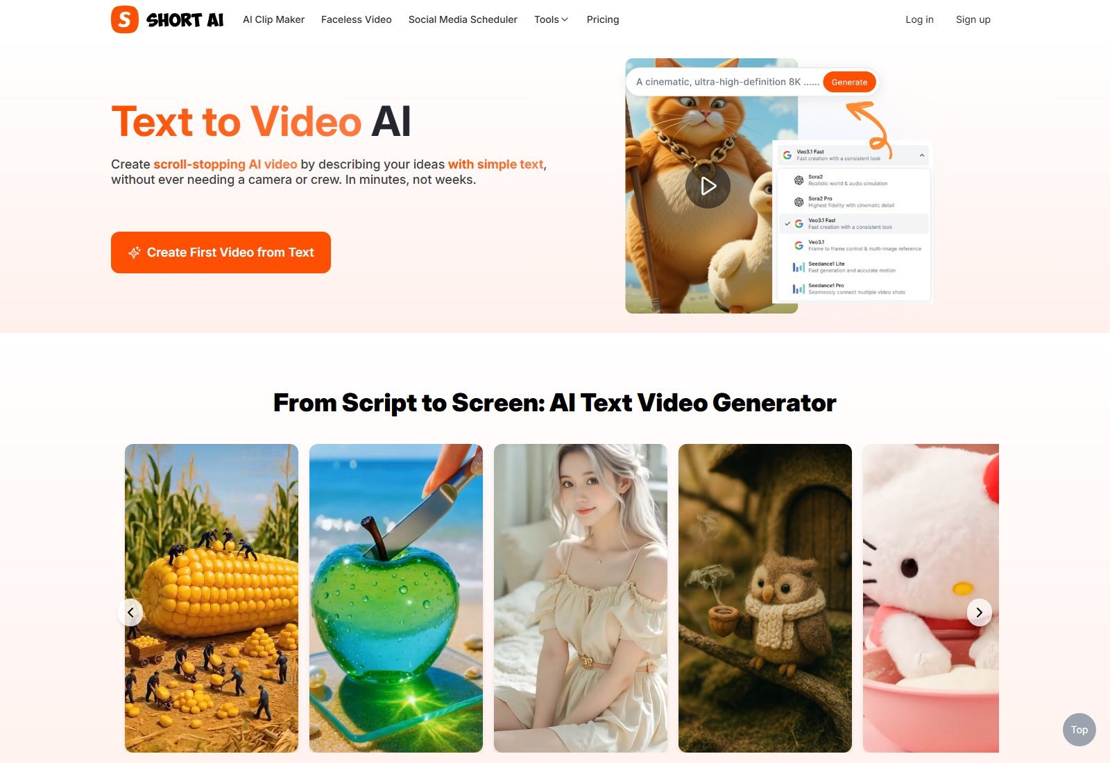 Official Short.ai Text to Video AI page with model picker listing Veo Sora and Seedance