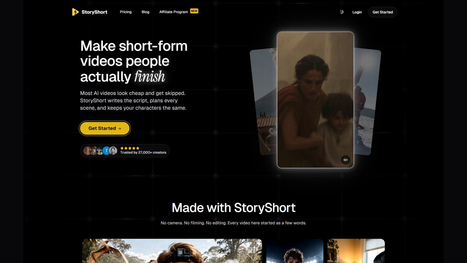Editorial 16:9 canvas containing the complete StoryShort homepage screenshot without cropping product UI