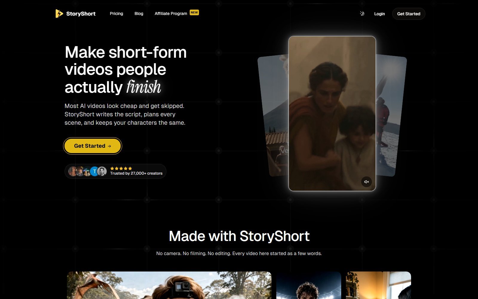 Official StoryShort homepage hero describing script, scene planning, and consistent characters