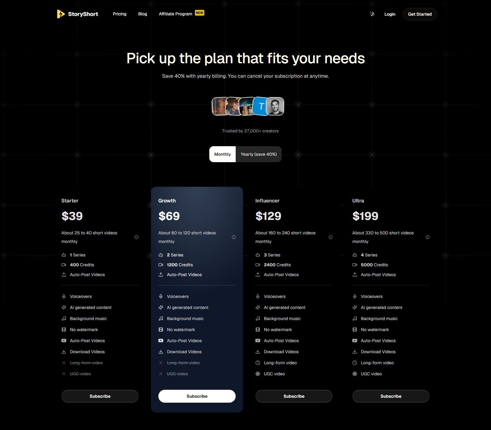 Official StoryShort monthly pricing cards for Starter $39 and Growth $69